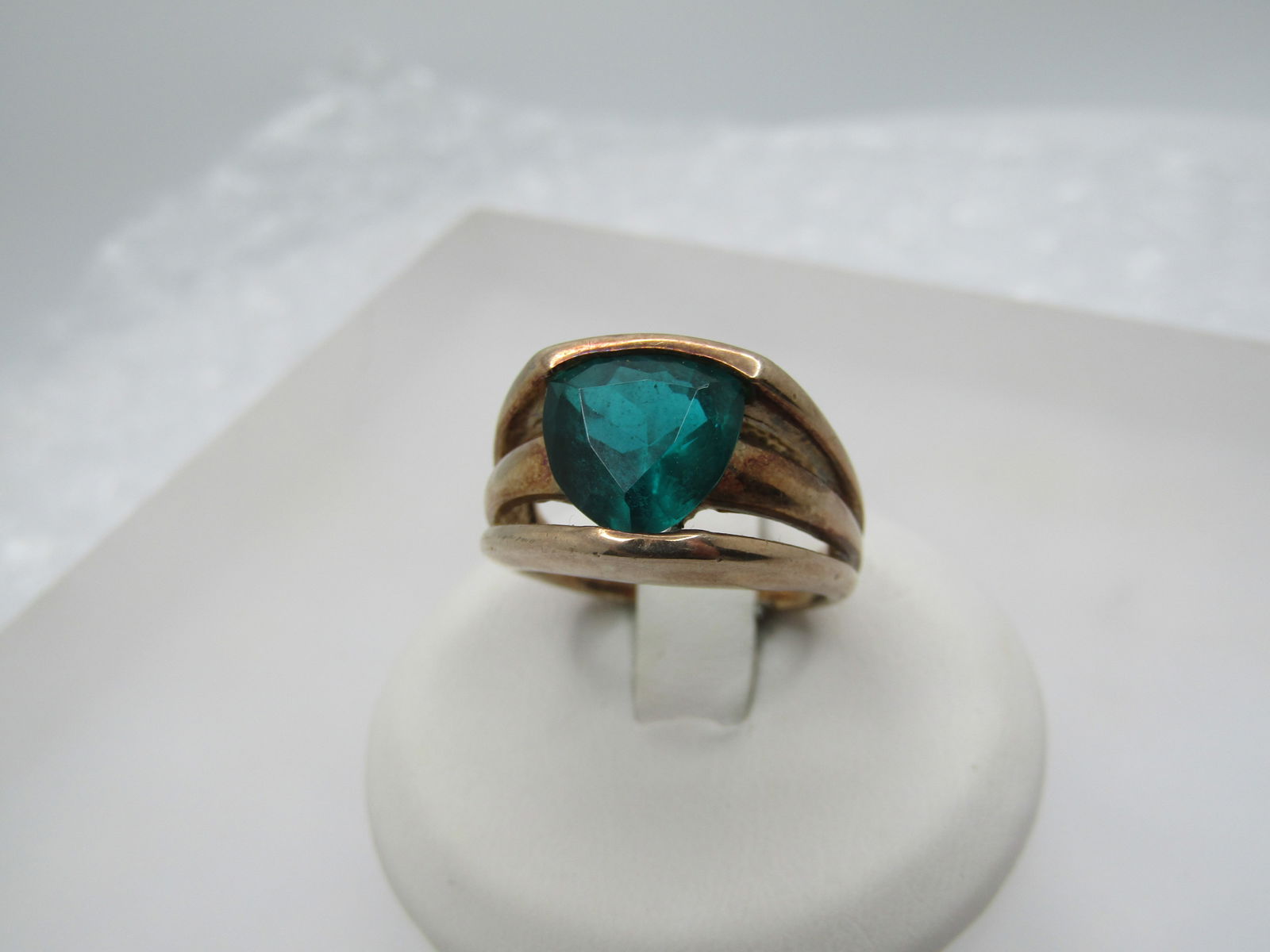Vintage Gold Over Sterling Green Stone Ring, Sz. 6, Triangular Cut - 2