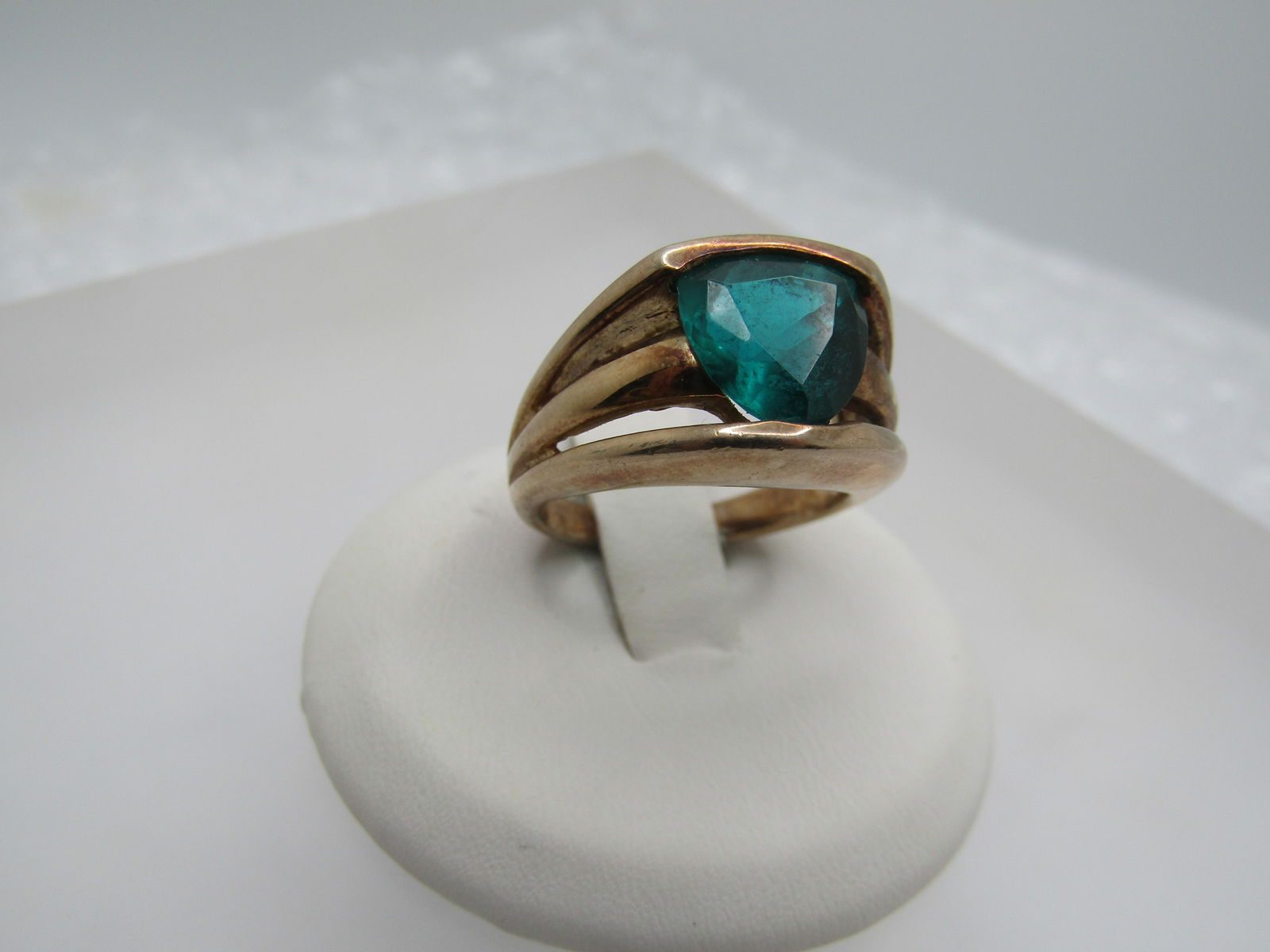 Vintage Gold Over Sterling Green Stone Ring, Sz. 6, Triangular Cut - 3