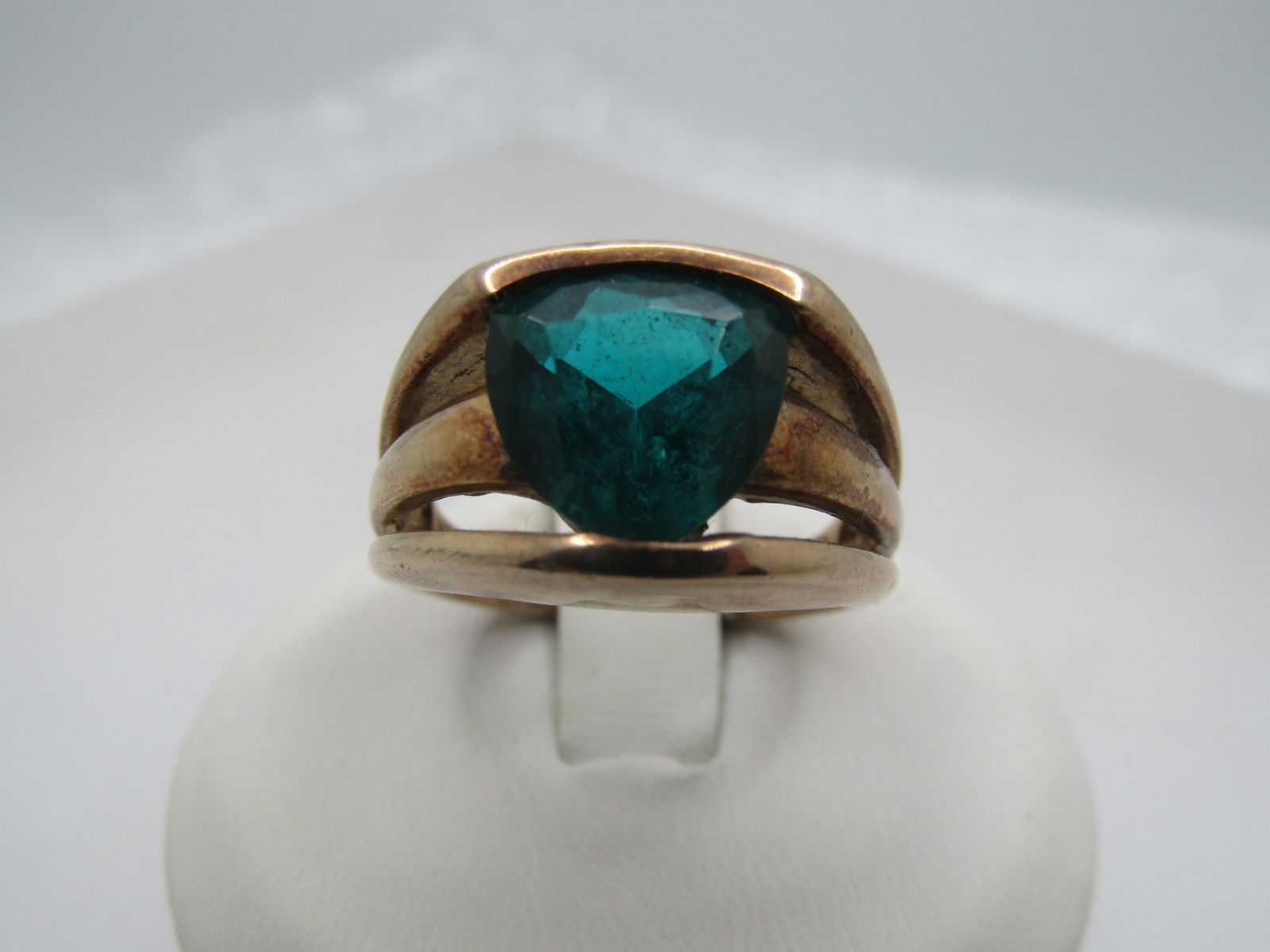 Vintage Gold Over Sterling Green Stone Ring, Sz. 6, Triangular Cut - 4