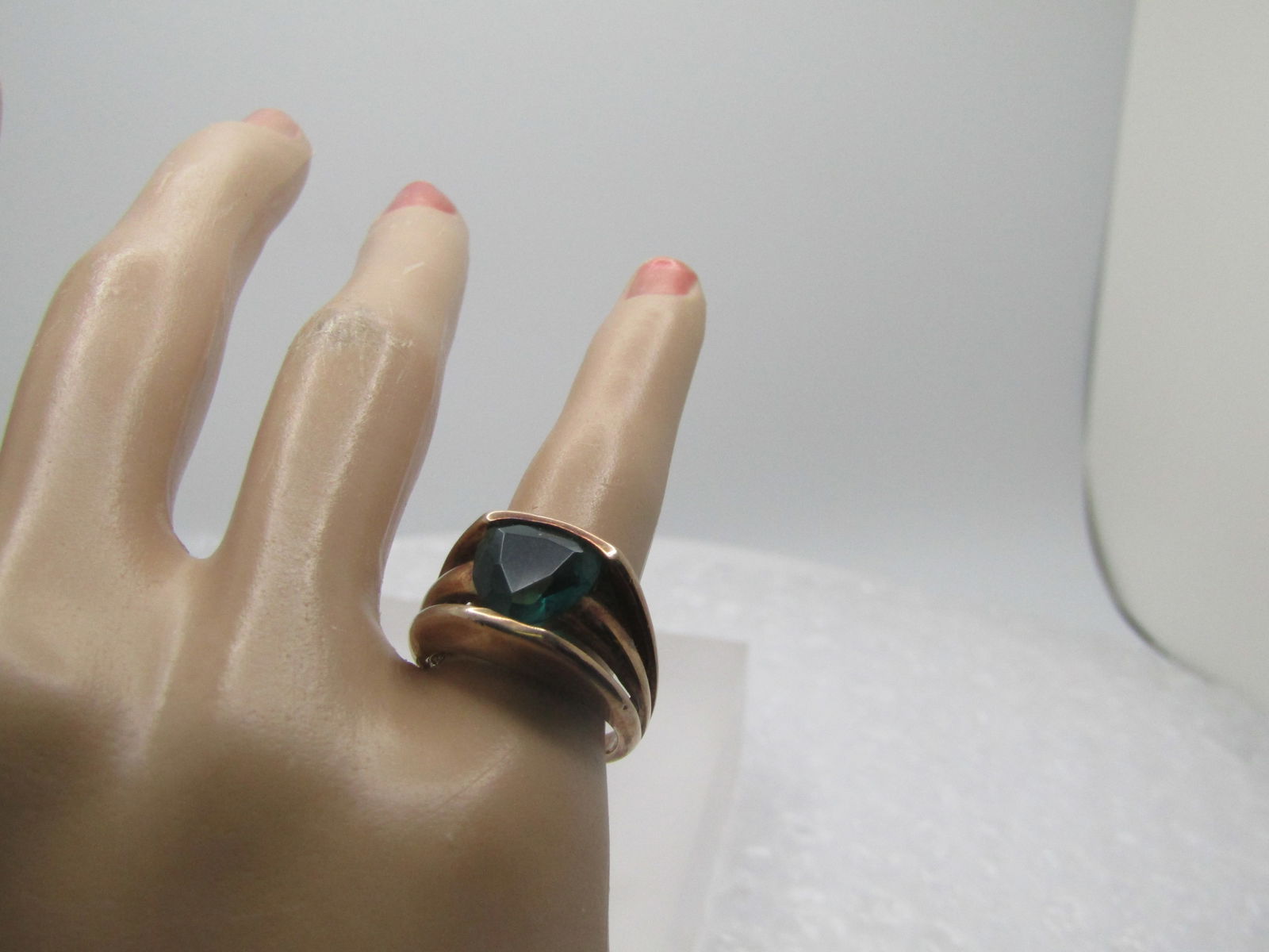 Vintage Gold Over Sterling Green Stone Ring, Sz. 6, Triangular Cut - 7