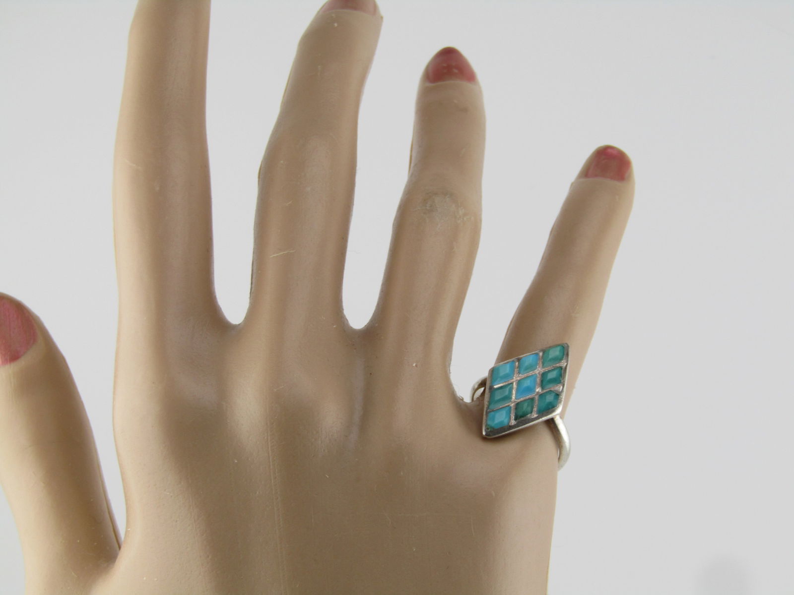 Vintage Sterling Southwestern Inlaid Turquoise Ring, Sz. 6, Pointed, 1970's-1980's - 6