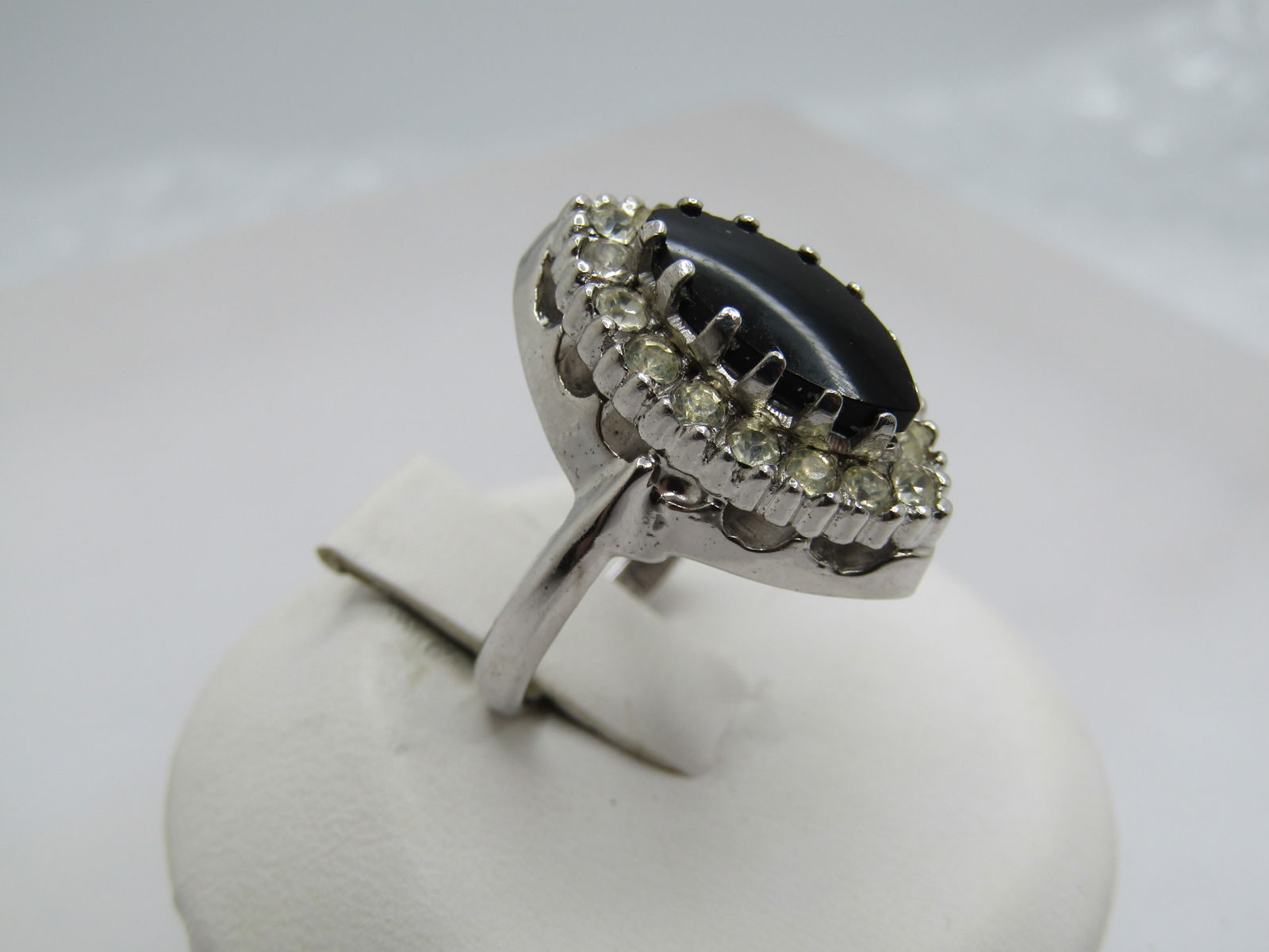 Vintage Black & Clear Rhinestone Ring, Marked Sterling, Sz. 4.5 - 2