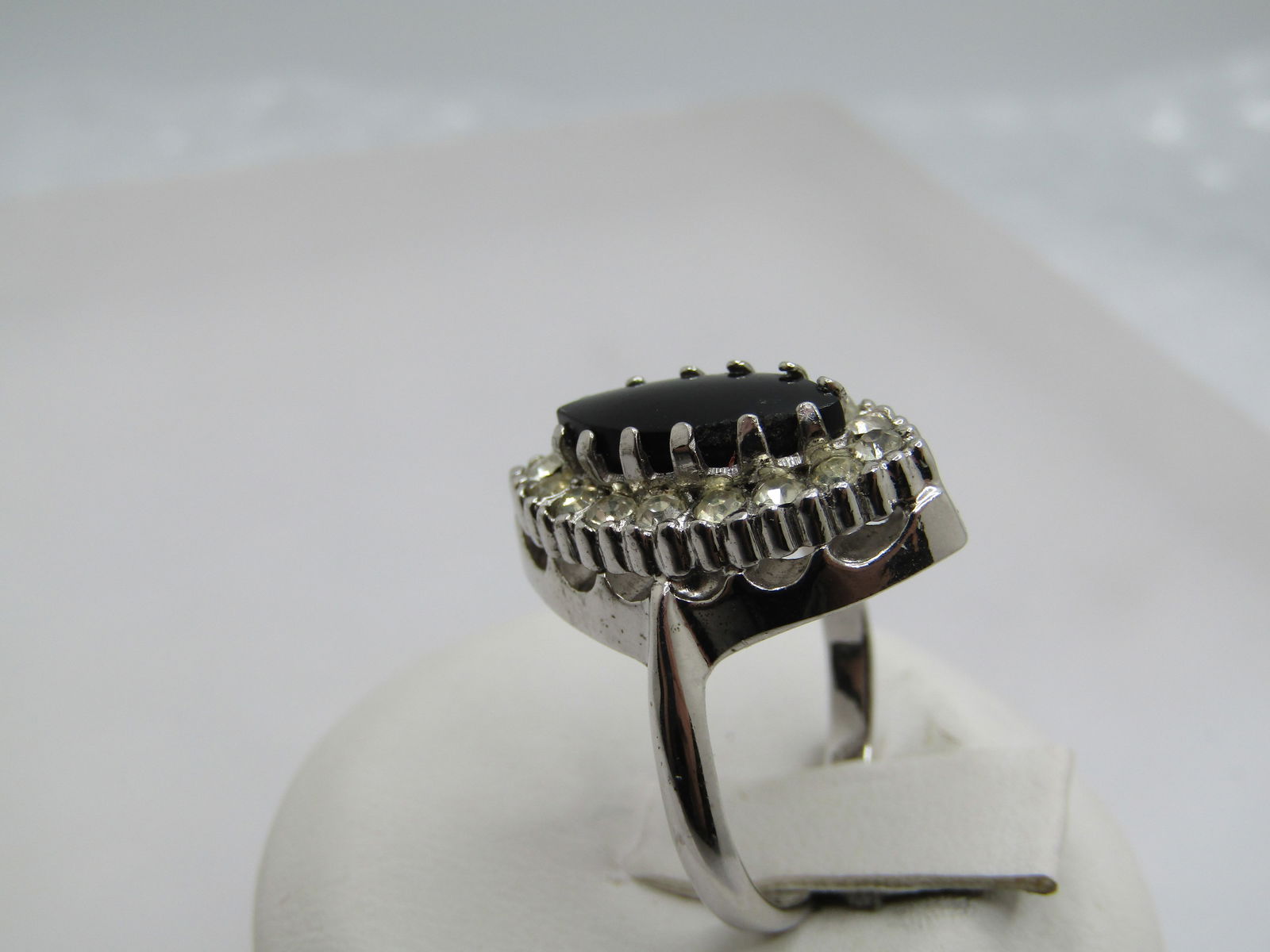 Vintage Black & Clear Rhinestone Ring, Marked Sterling, Sz. 4.5 - 4