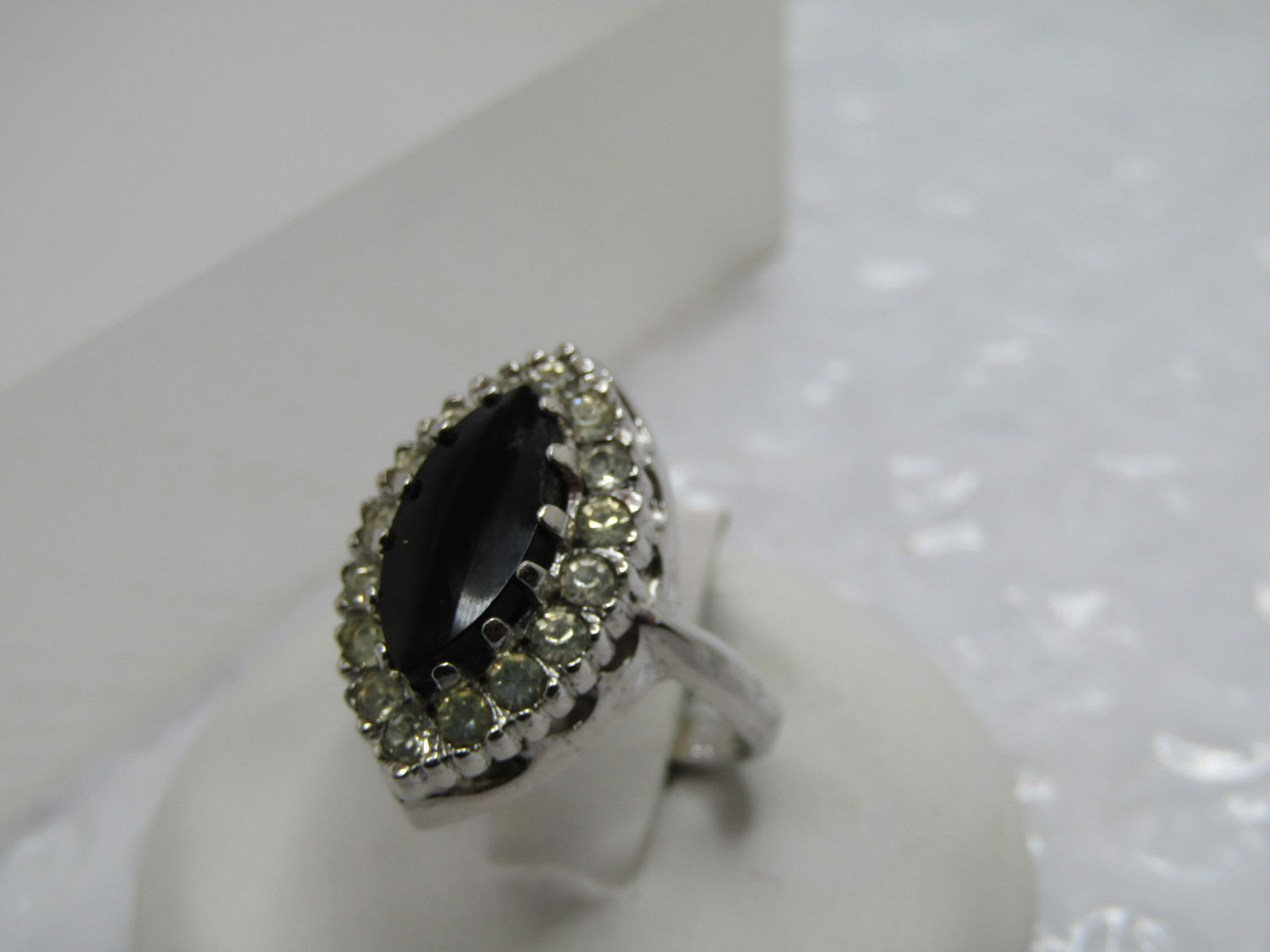 Vintage Black & Clear Rhinestone Ring, Marked Sterling, Sz. 4.5 - 5