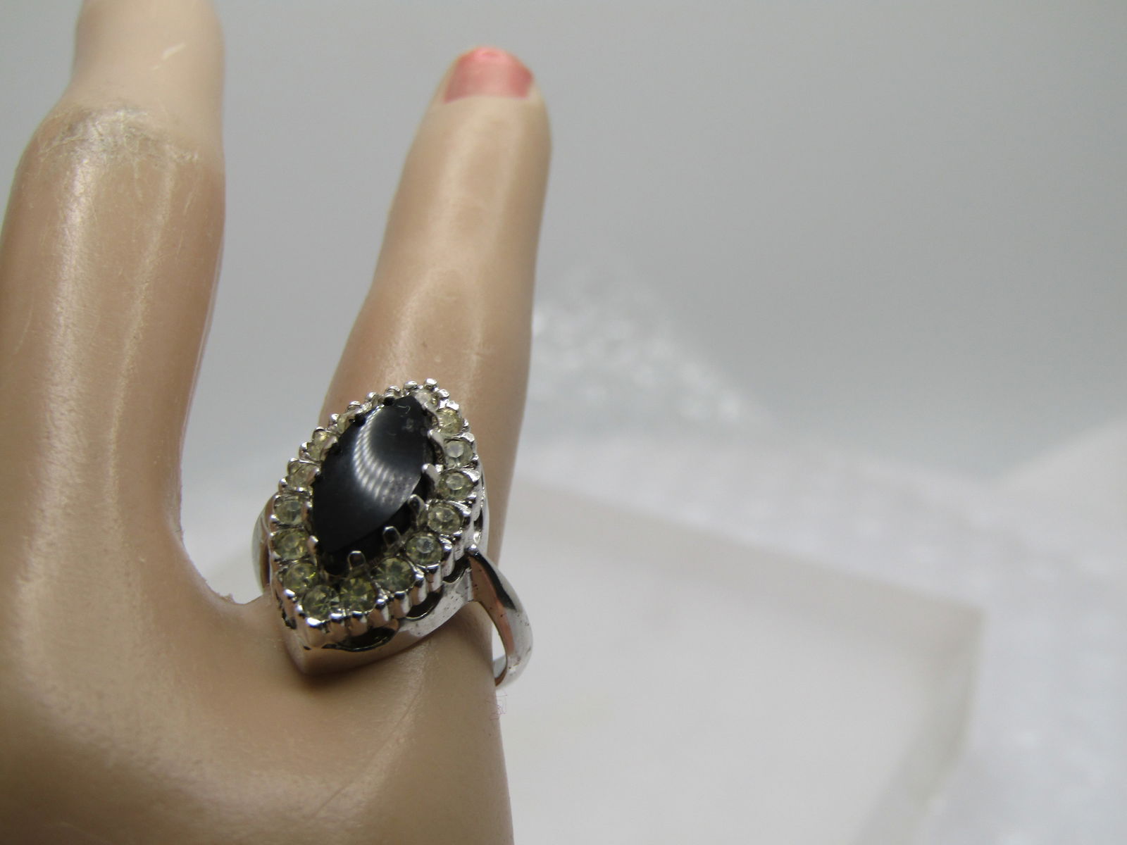 Vintage Black & Clear Rhinestone Ring, Marked Sterling, Sz. 4.5 - 9