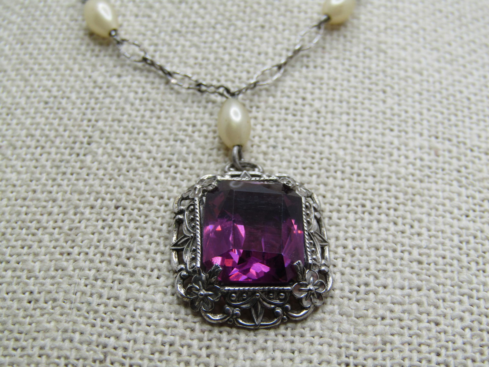 Vintage Sterling Filigree Purple & Pearl Necklace, Art Deco Themed, 16" - 2
