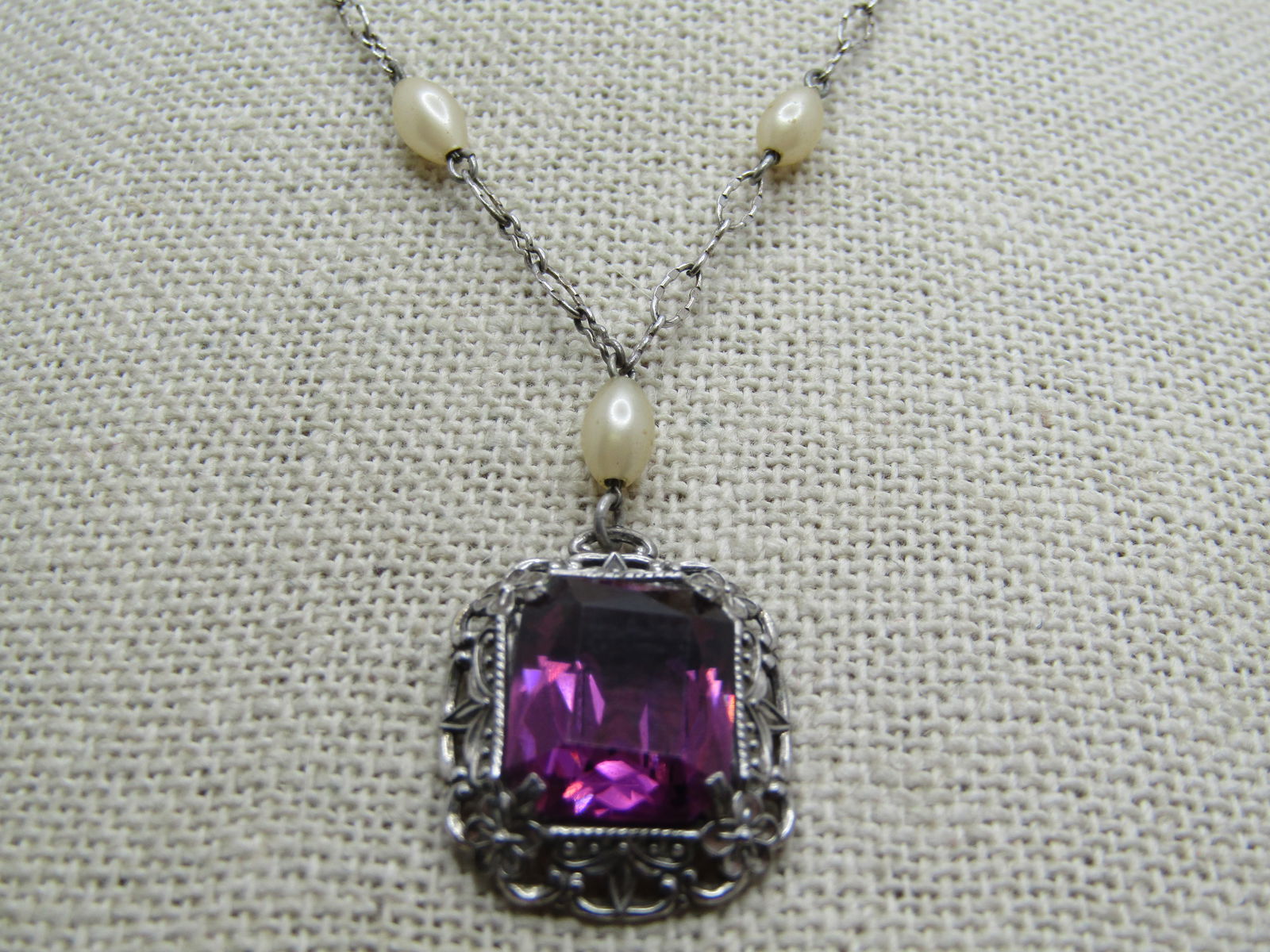 Vintage Sterling Filigree Purple & Pearl Necklace, Art Deco Themed, 16" - 4
