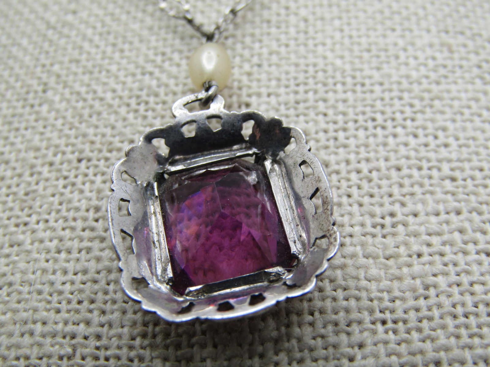 Vintage Sterling Filigree Purple & Pearl Necklace, Art Deco Themed, 16" - 5