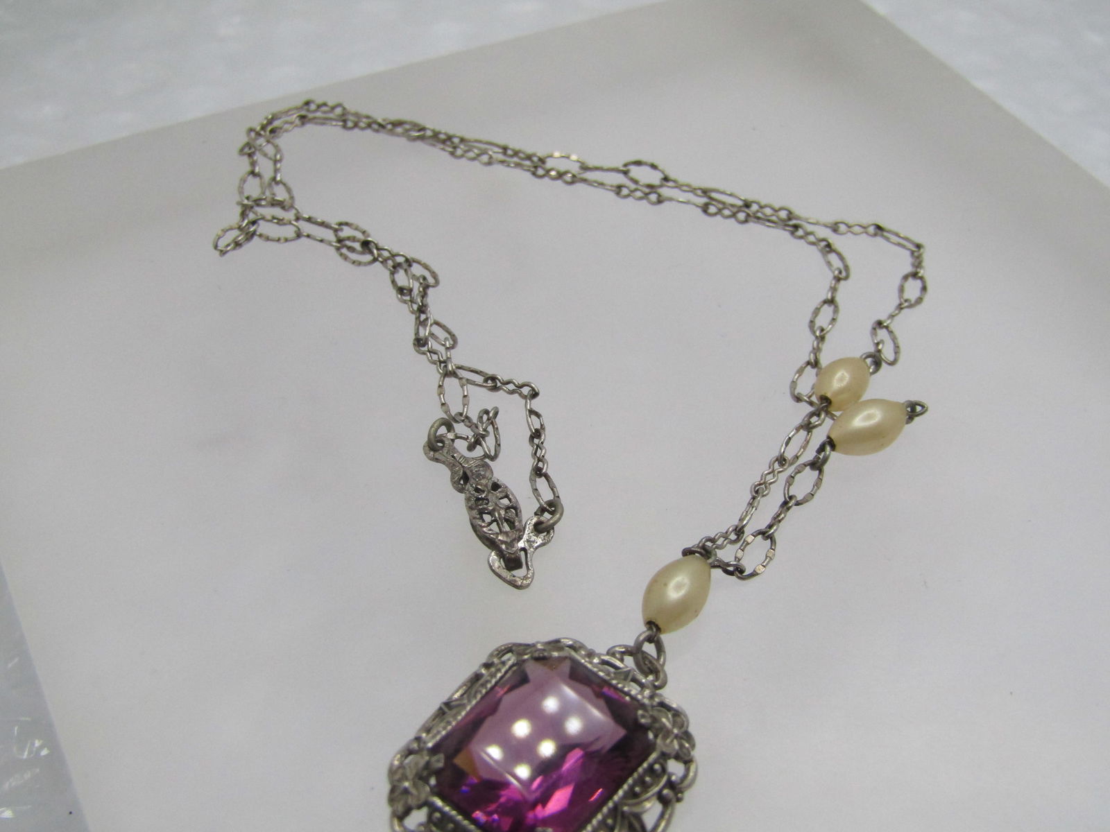 Vintage Sterling Filigree Purple & Pearl Necklace, Art Deco Themed, 16" - 6