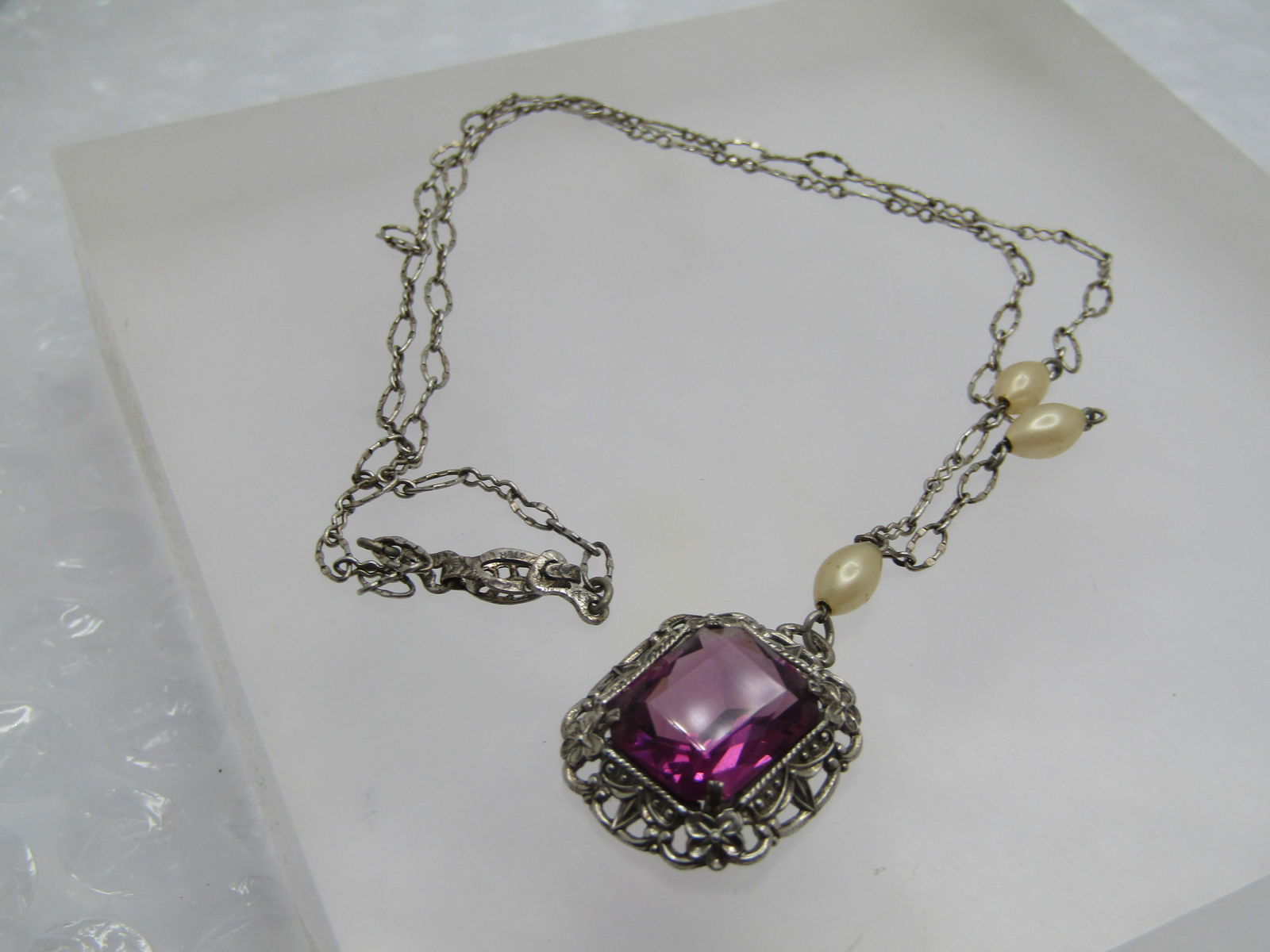 Vintage Sterling Filigree Purple & Pearl Necklace, Art Deco Themed, 16" - 7