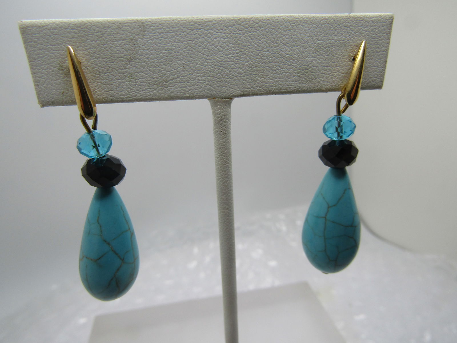 Faux Turquoise & Rhinestone Earrings, Pierced Drop - 2