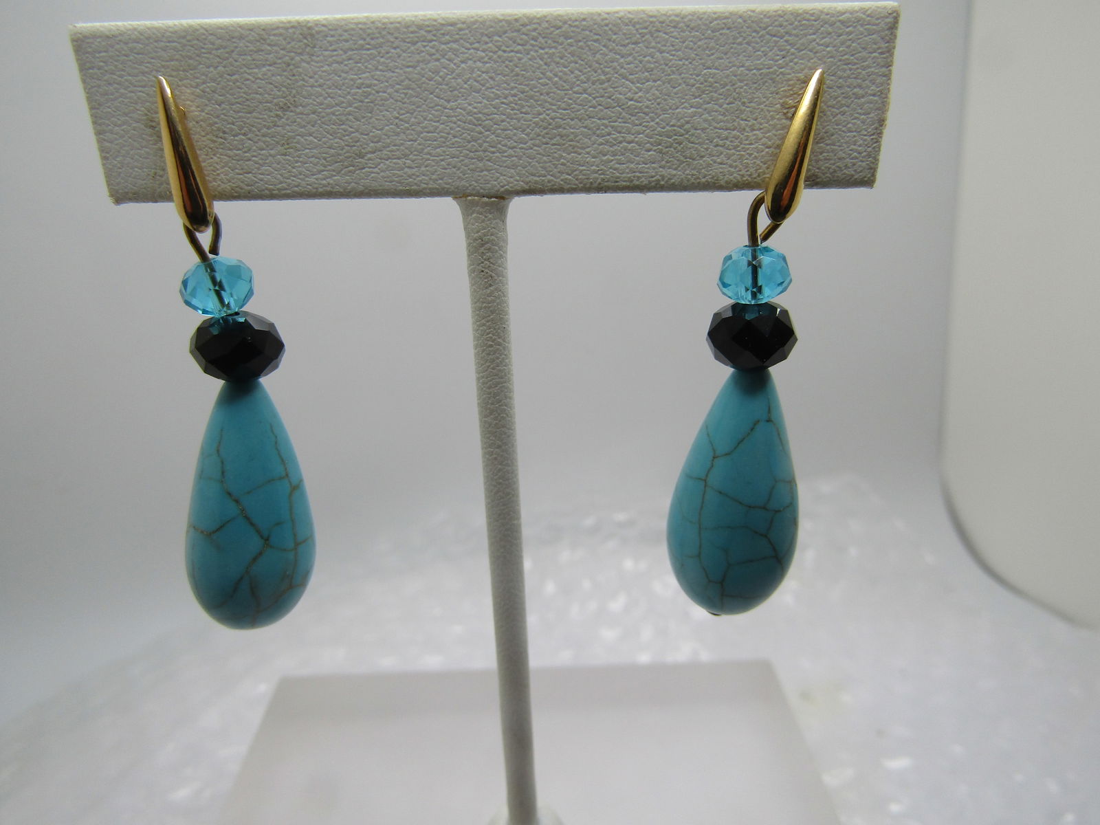 Faux Turquoise & Rhinestone Earrings, Pierced Drop - 3