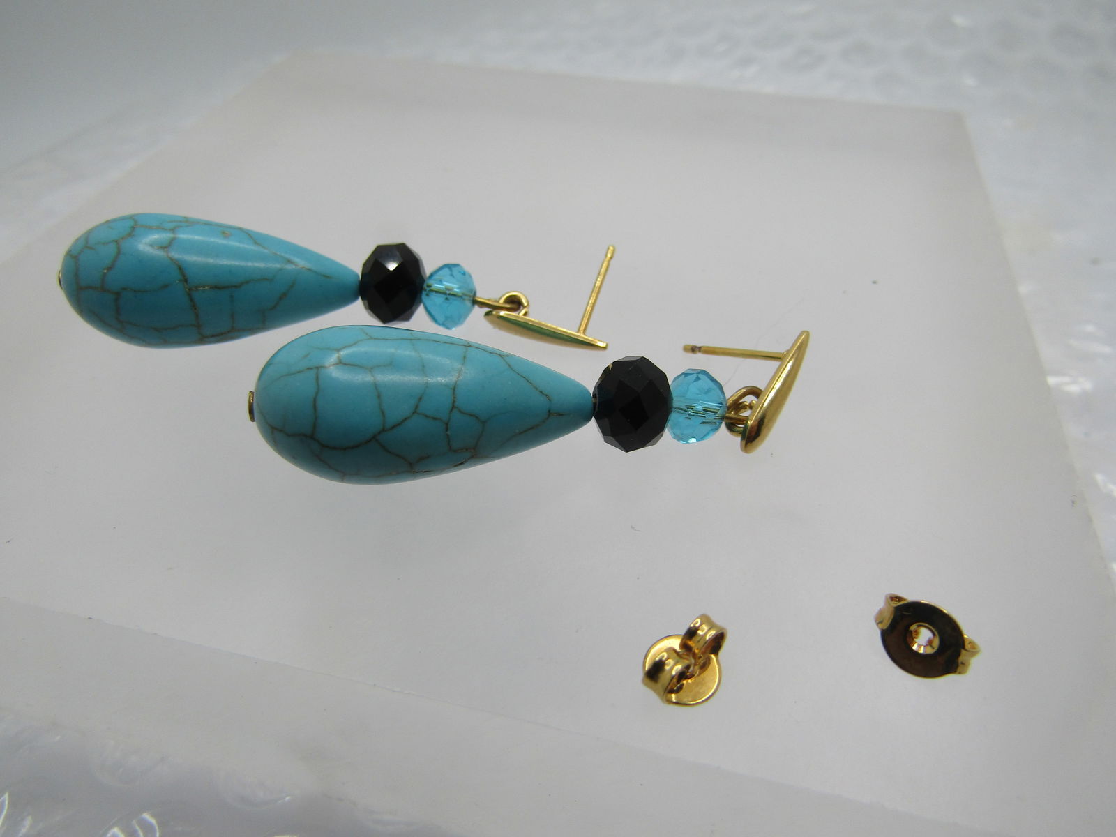 Faux Turquoise & Rhinestone Earrings, Pierced Drop - 4