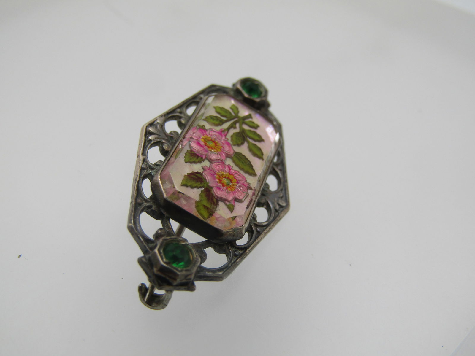 Vintage Sterling Essex Glass Floral Brooch, Rhinestone Accents, 1930's-1940's, C-Clasp - 2