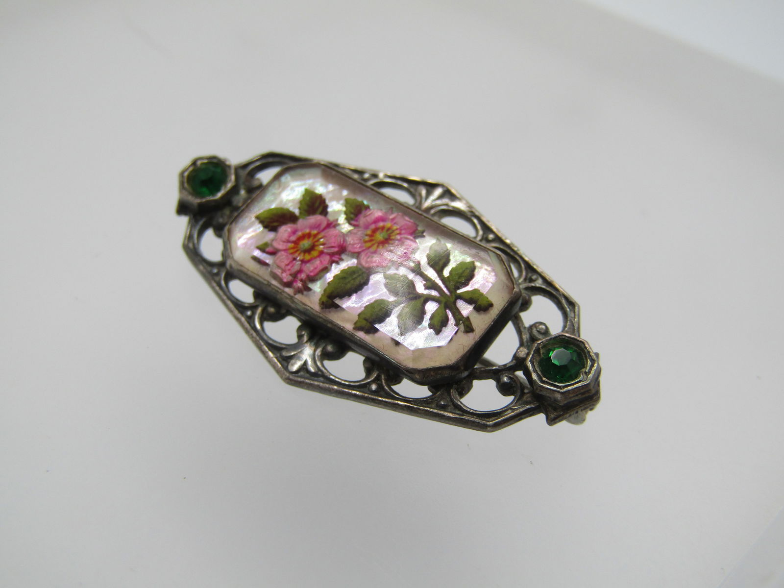 Vintage Sterling Essex Glass Floral Brooch, Rhinestone Accents, 1930's-1940's, C-Clasp - 3