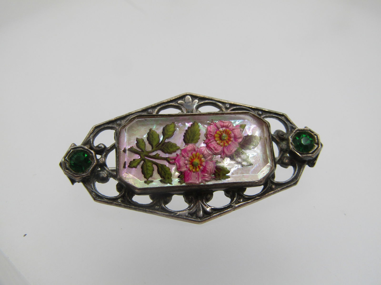 Vintage Sterling Essex Glass Floral Brooch, Rhinestone Accents, 1930's-1940's, C-Clasp - 5