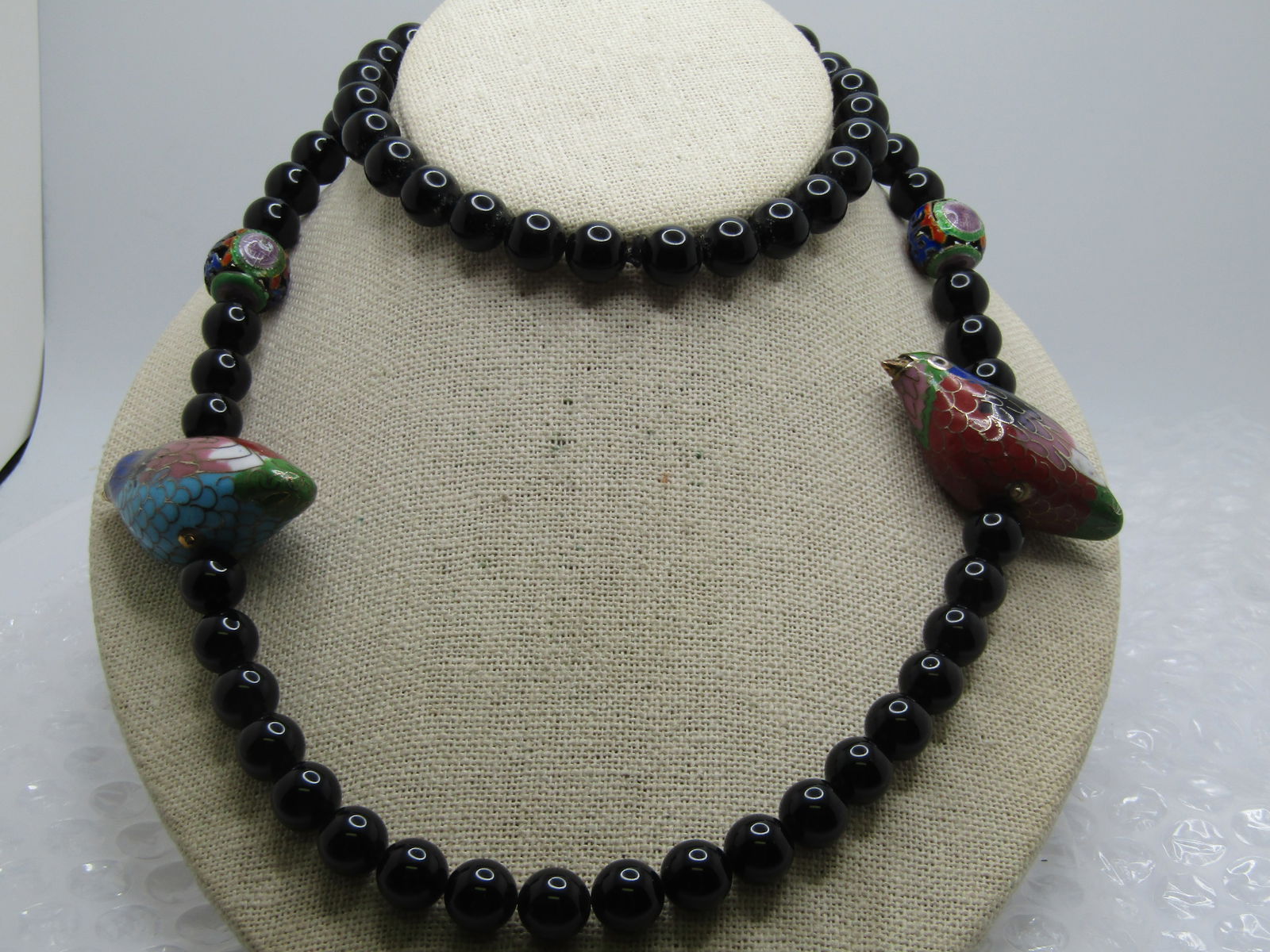 Vintage Cloisonne Bird & Beaded Onyx Necklace, 30": Vintage Cloisonne Bird & Beaded Onyx Necklace, 30". The black beads test as onyx and are appx. 10mm round. There are two cloisonne birds with similar colors but slightly different design,