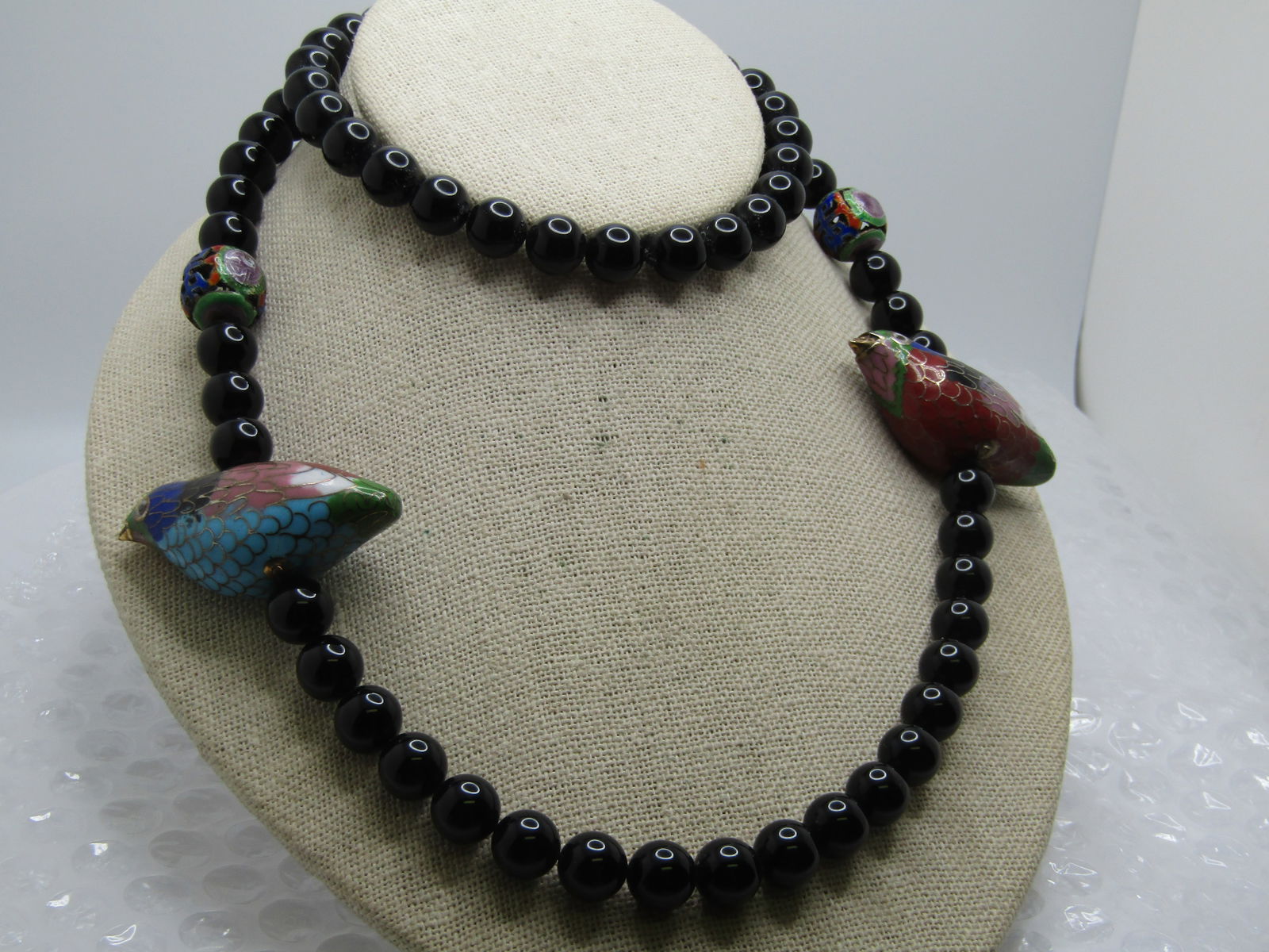 Vintage Cloisonne Bird & Beaded Onyx Necklace, 30" - 2