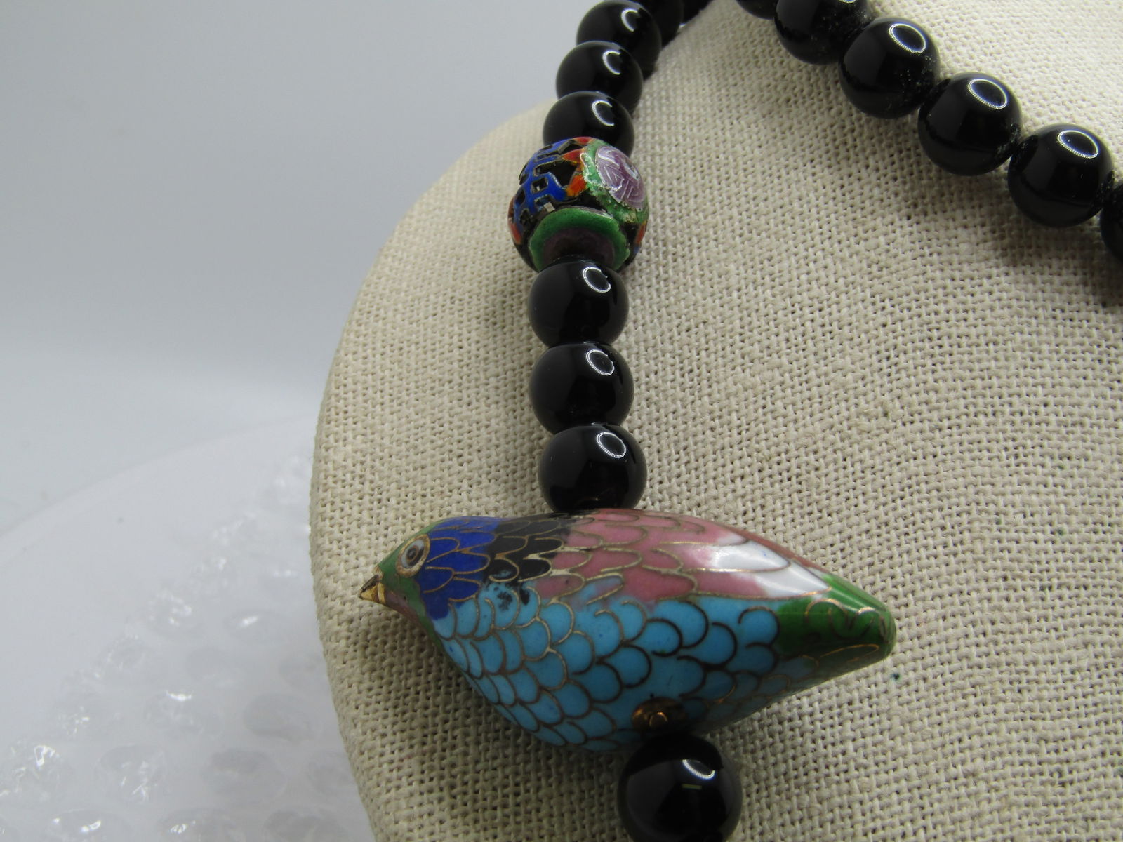 Vintage Cloisonne Bird & Beaded Onyx Necklace, 30" - 3