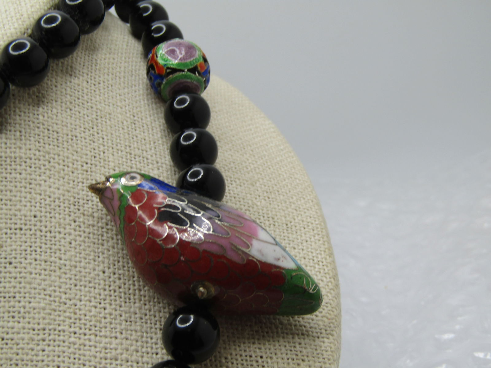 Vintage Cloisonne Bird & Beaded Onyx Necklace, 30" - 4