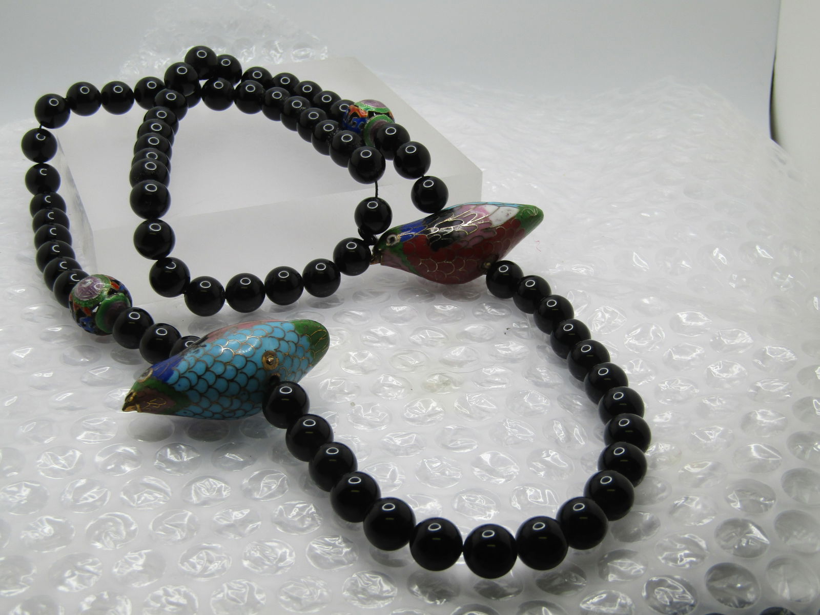 Vintage Cloisonne Bird & Beaded Onyx Necklace, 30" - 5