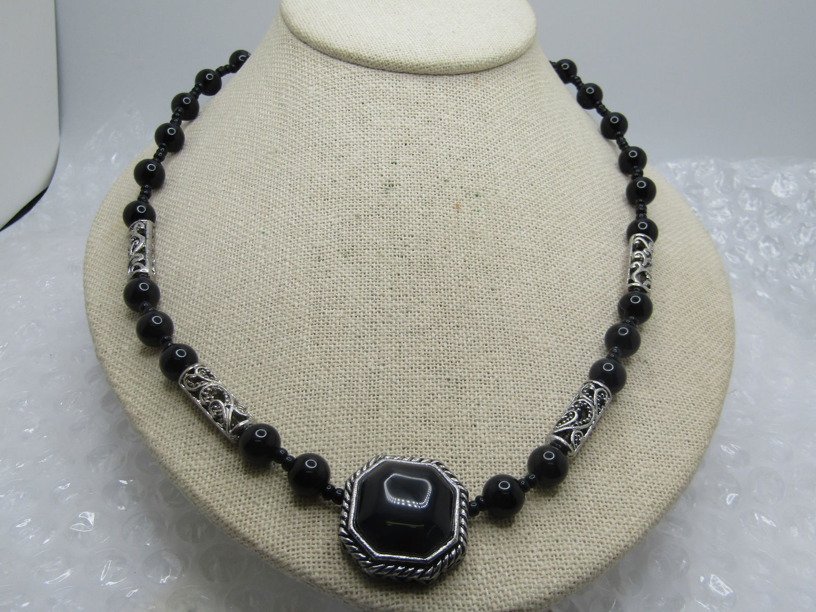 Black Beaded & Scrolled Necklace, 21.5", Silver Tone, 1990's - 2
