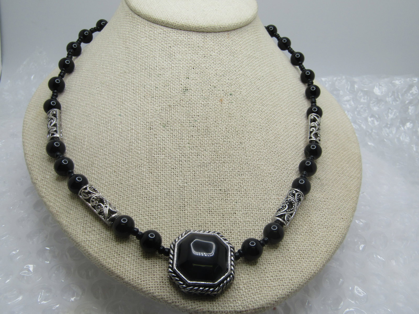 Black Beaded & Scrolled Necklace, 21.5", Silver Tone, 1990's - 3