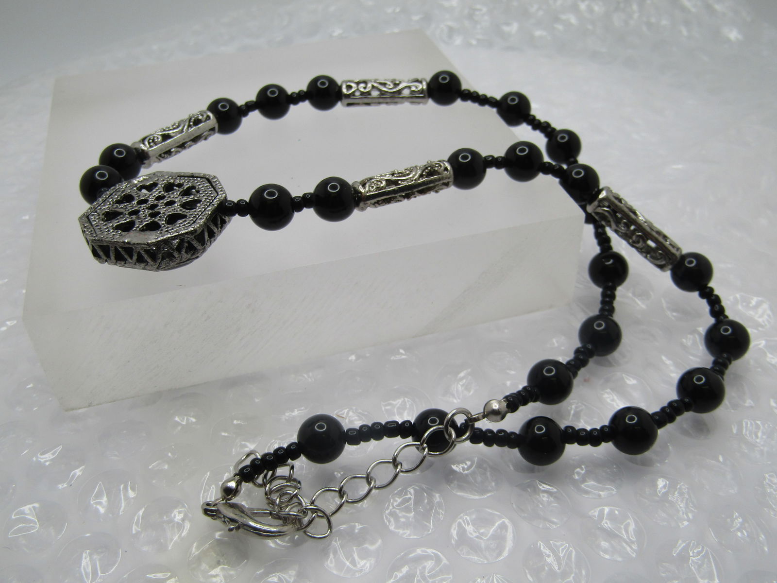 Black Beaded & Scrolled Necklace, 21.5", Silver Tone, 1990's - 7