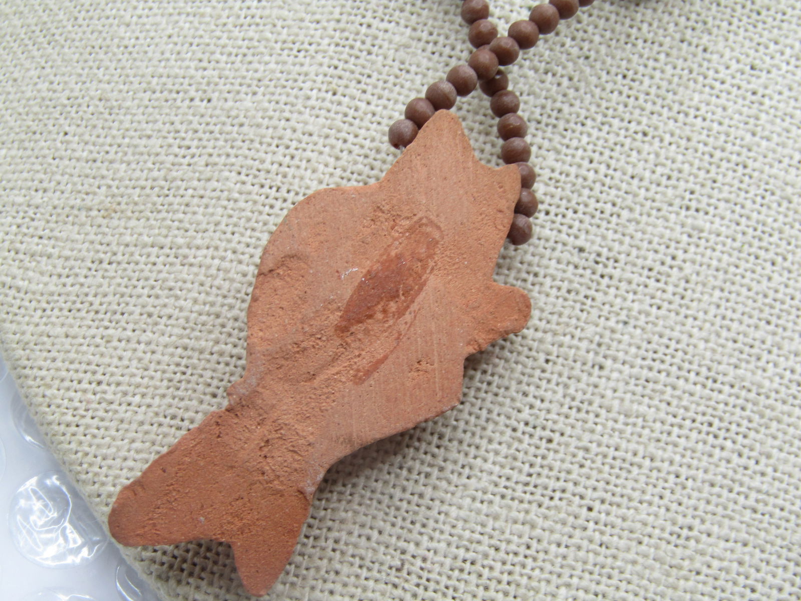 Vintage Terracota Fish, Bisque Beaded Necklace, 16" - Tribal Themed - 4