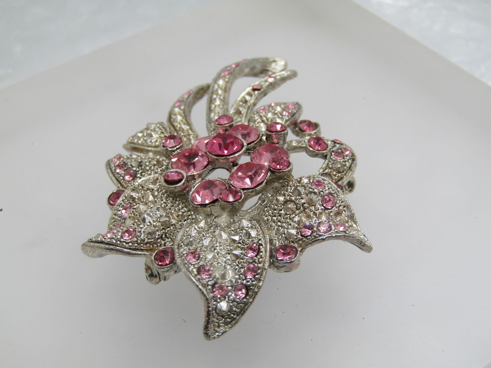 Pink Rhinestone Faux Marcasite Floral Brooch, 2.75" - 2