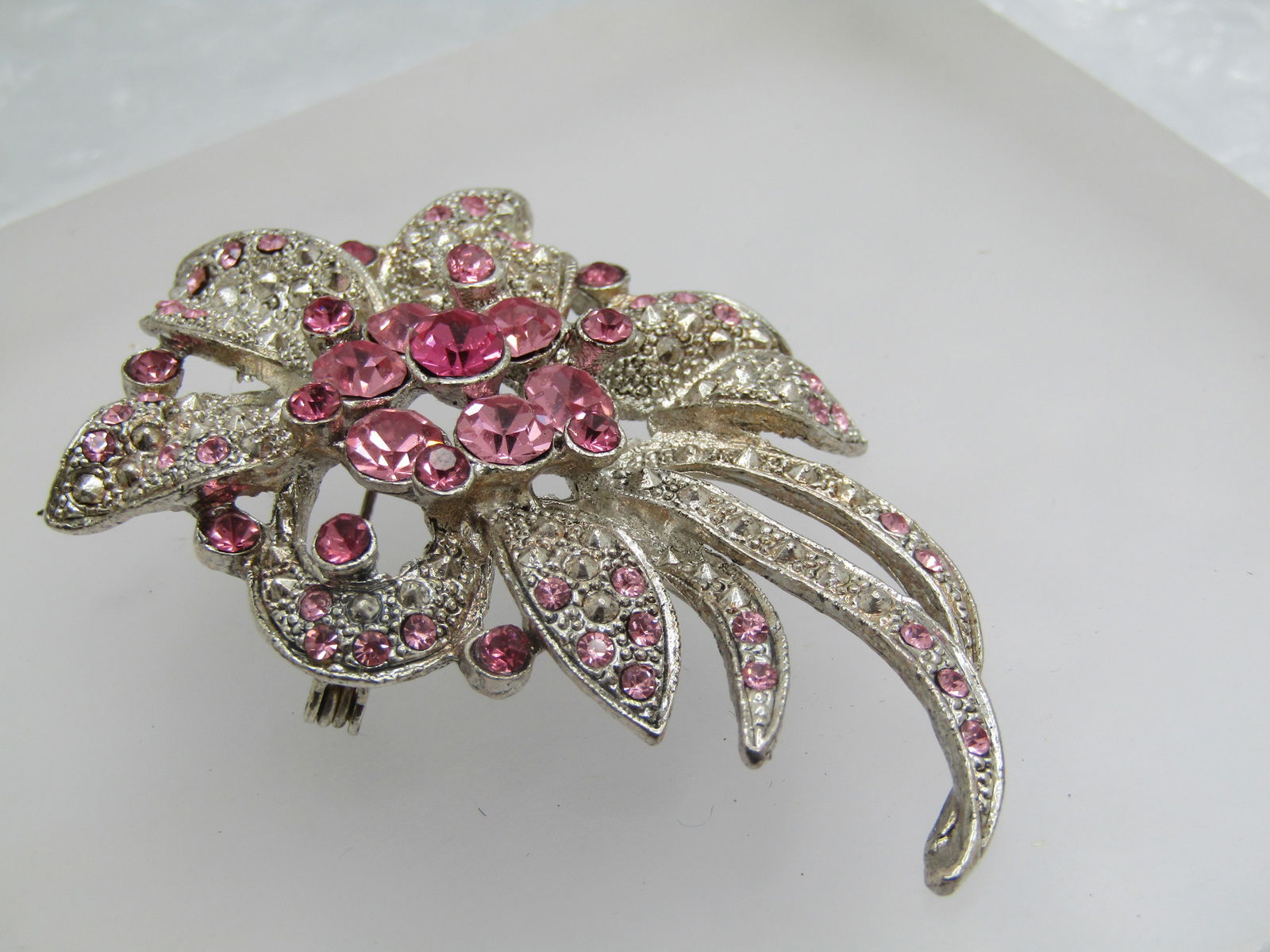 Pink Rhinestone Faux Marcasite Floral Brooch, 2.75" - 3