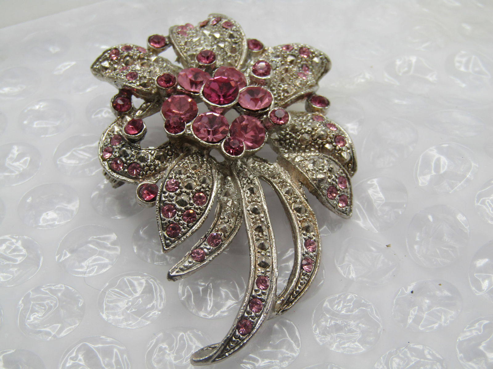 Pink Rhinestone Faux Marcasite Floral Brooch, 2.75" - 4