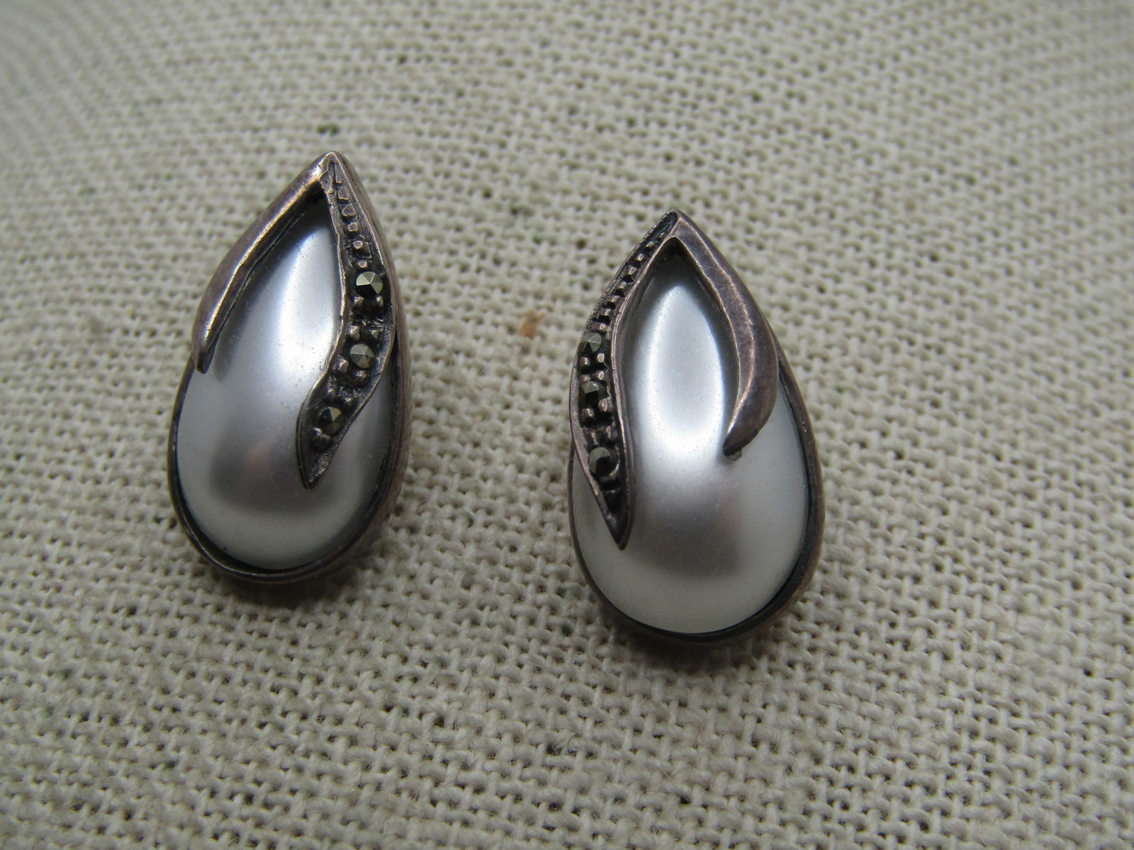 Vintage Sterling Marcasite/Faux Pearl Earrings, Pierced, 1980's - 2