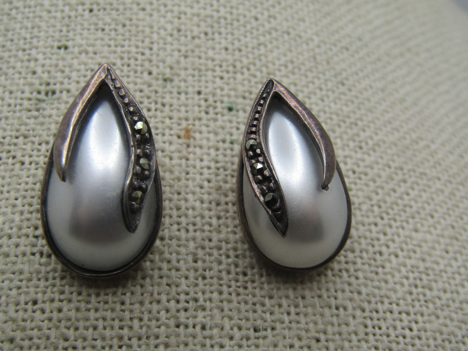 Vintage Sterling Marcasite/Faux Pearl Earrings, Pierced, 1980's - 3