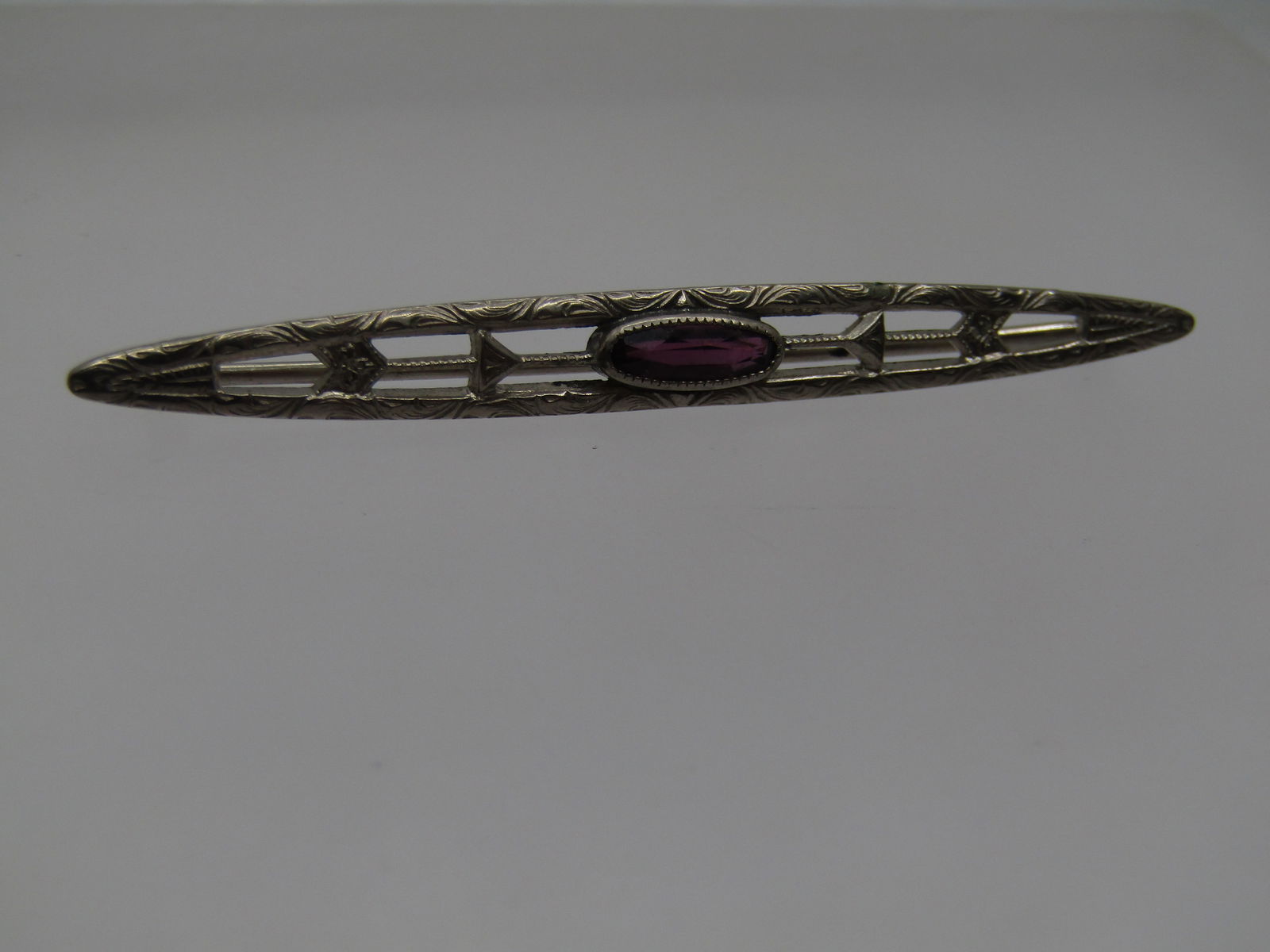 Vintage Pointed Bar Brooch, Purple Stone, 2.25" Signed G.T. - 2