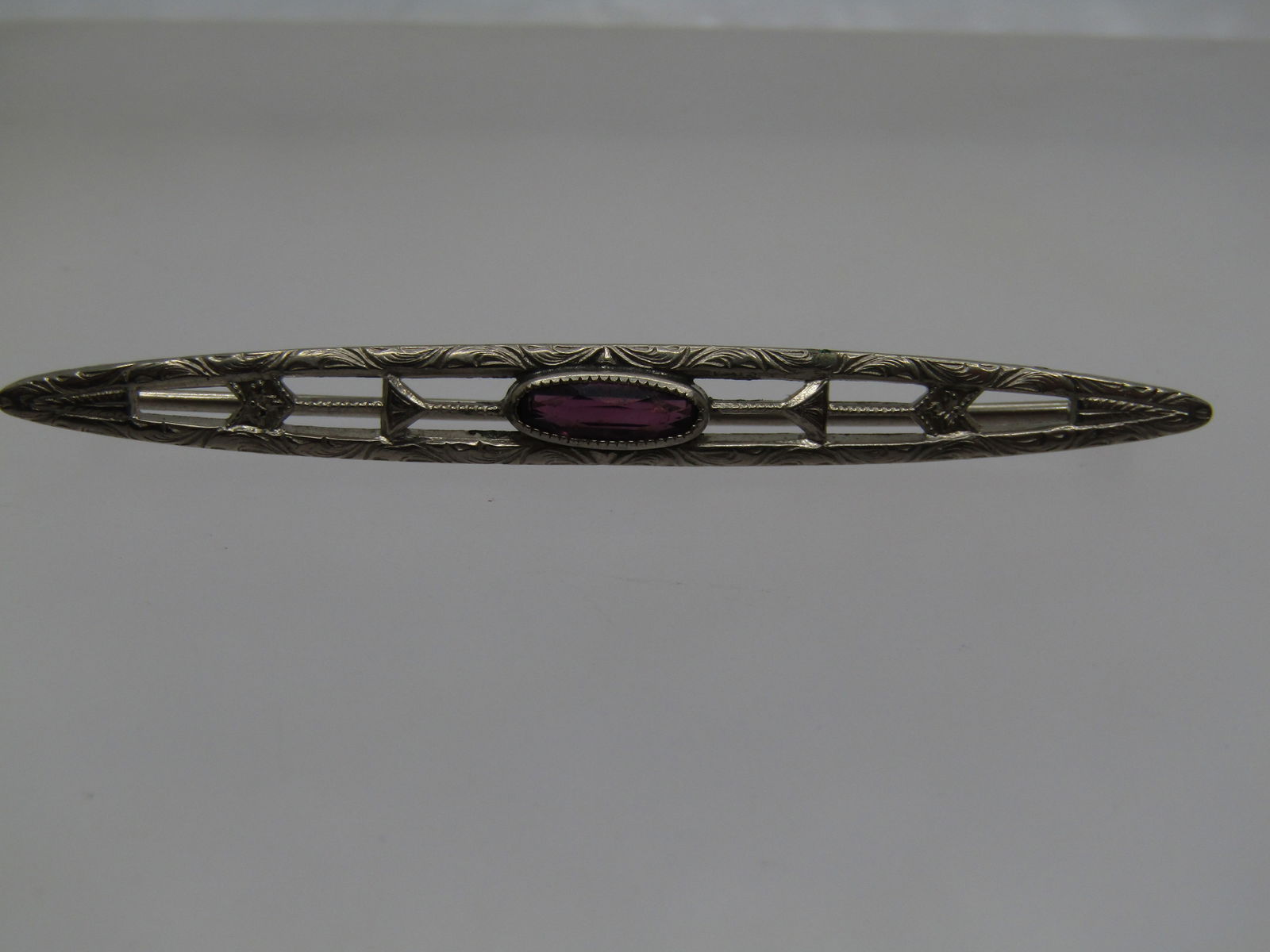 Vintage Pointed Bar Brooch, Purple Stone, 2.25" Signed G.T. - 3