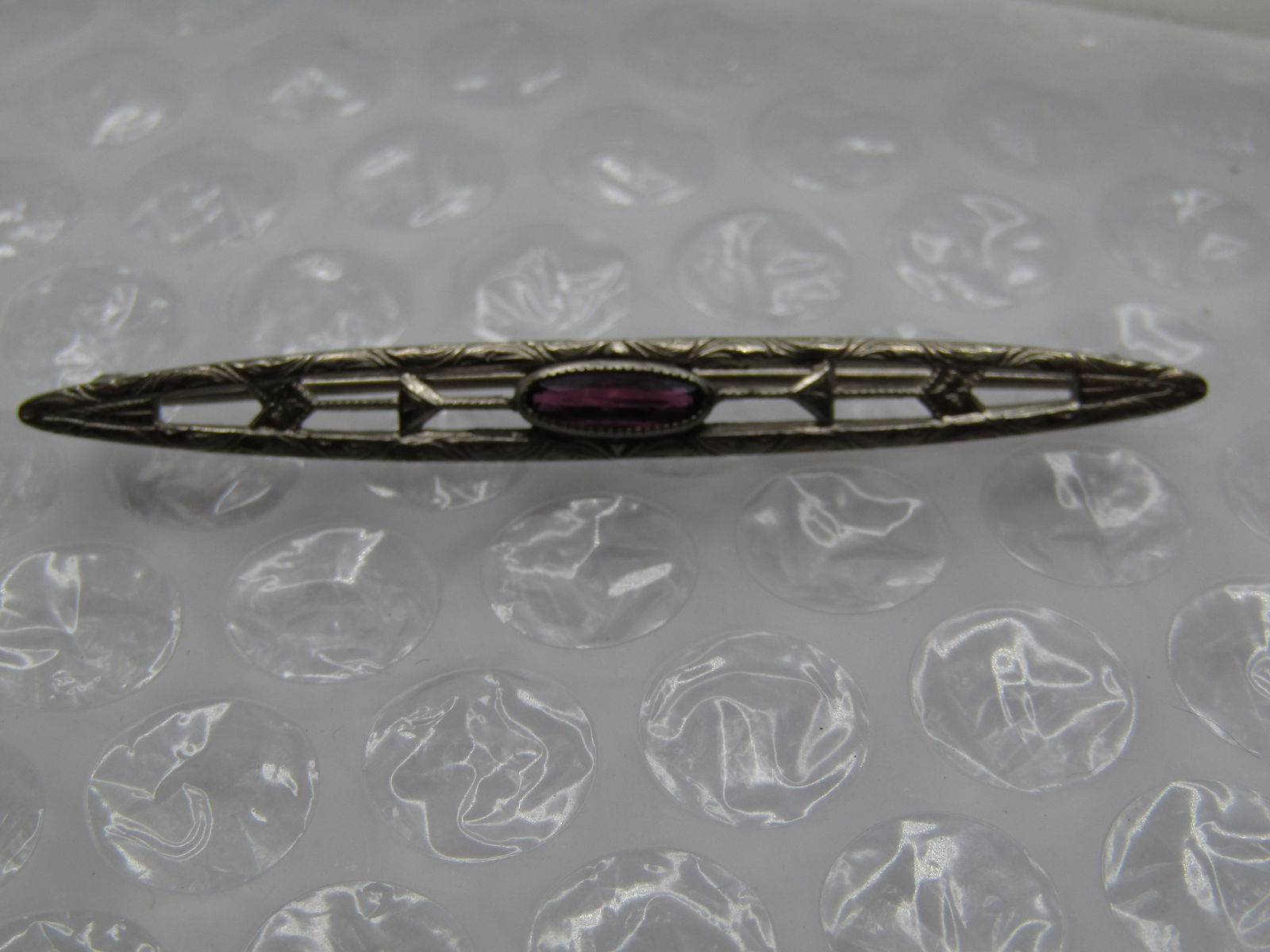 Vintage Pointed Bar Brooch, Purple Stone, 2.25" Signed G.T. - 6