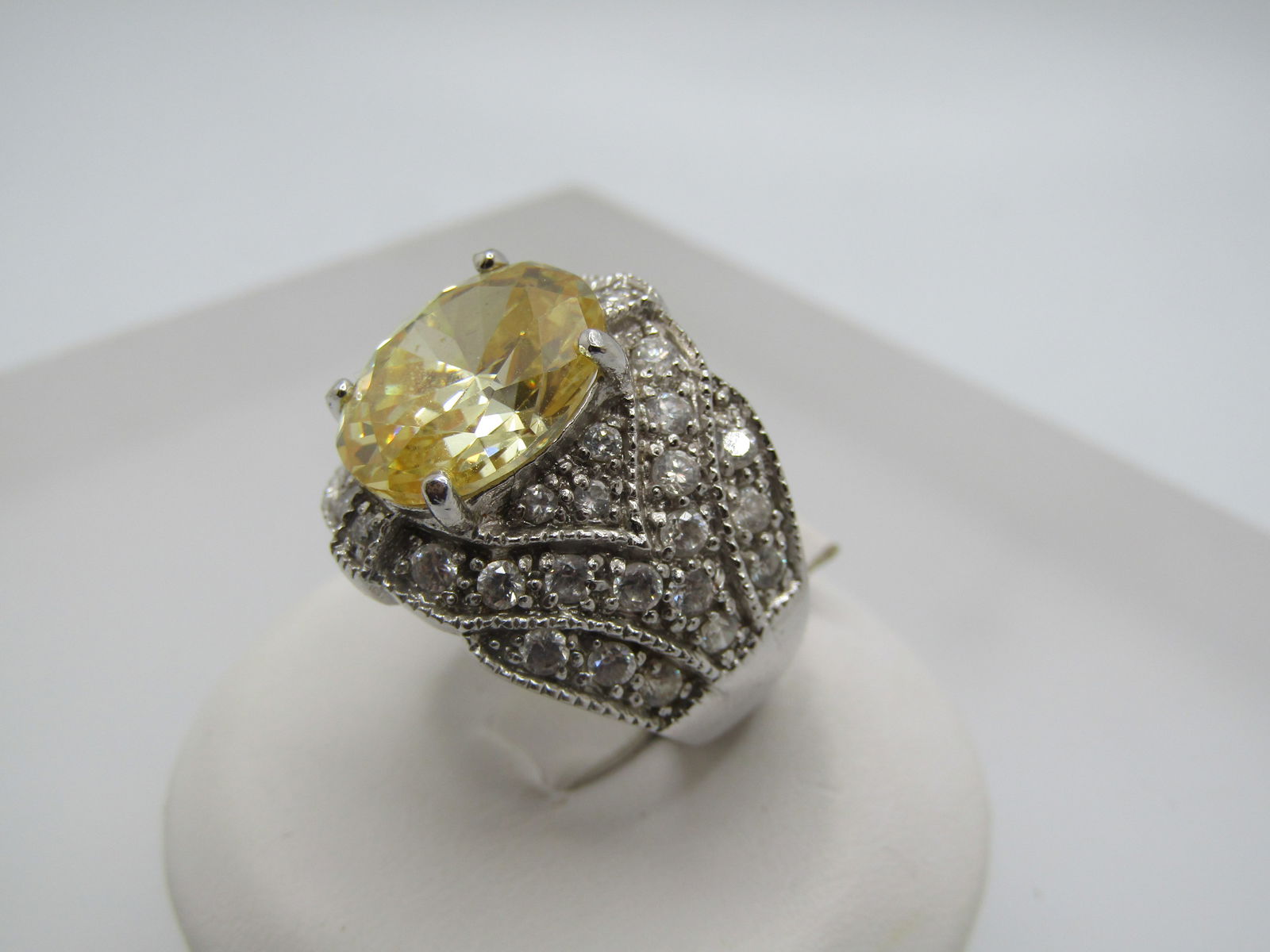 Silver Plated Yellow/Clear CZ Ring, Statement, Sz. 6 - 3