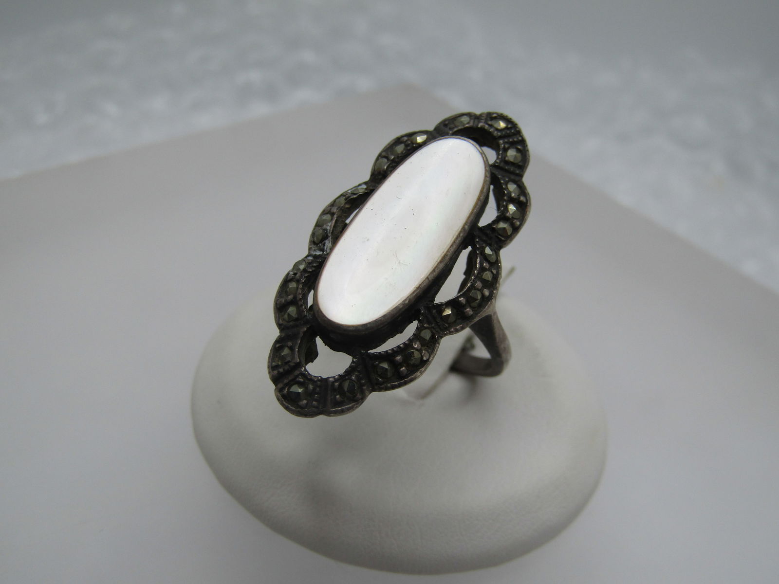 Vintage MOP Marcasite Ring, Sz. 7.5, 1980's - 2