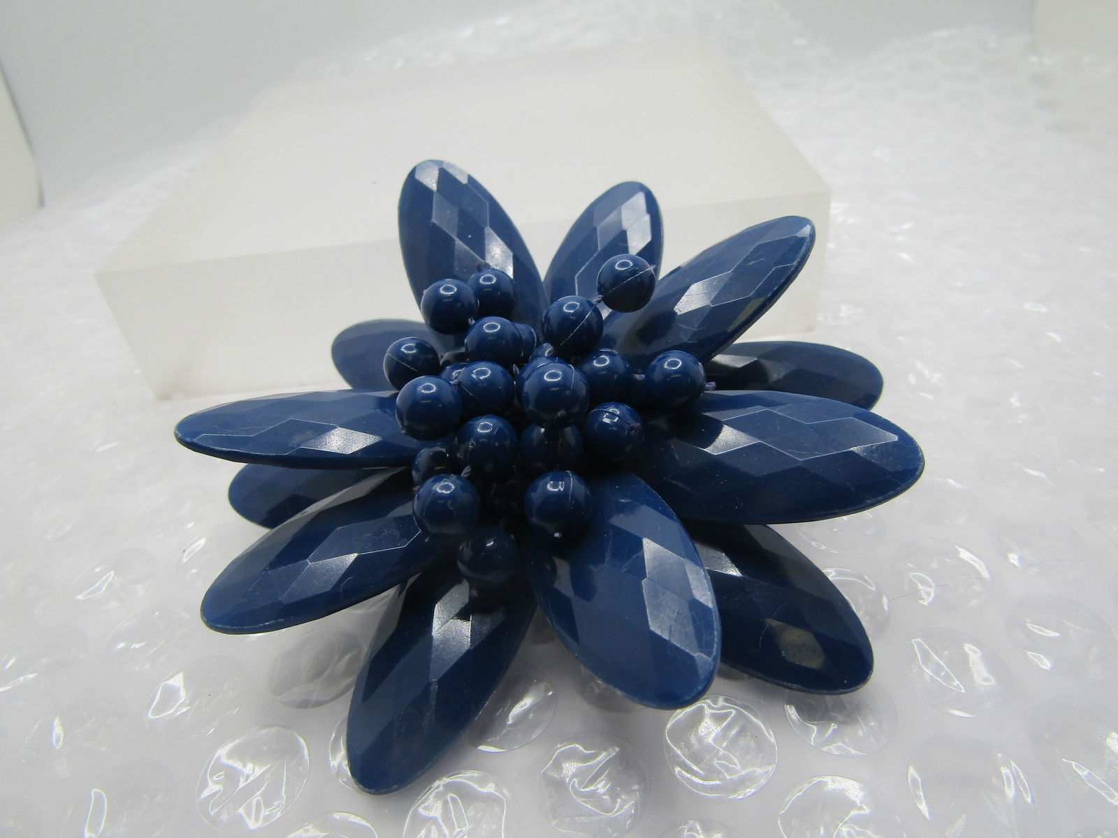 Vintage Blue Faceted Floral Brooch, Lucite, 3.25" - 2