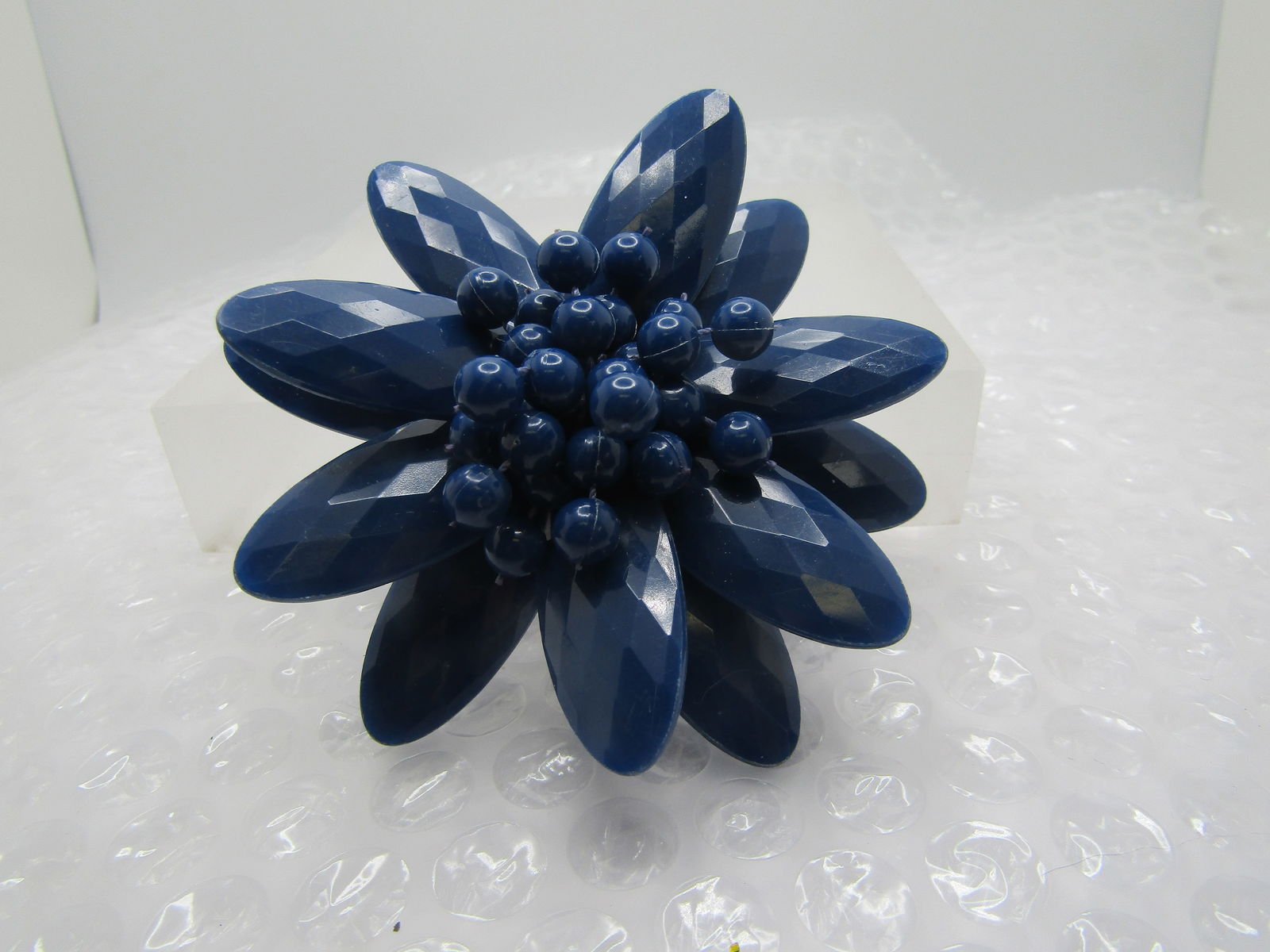 Vintage Blue Faceted Floral Brooch, Lucite, 3.25" - 3