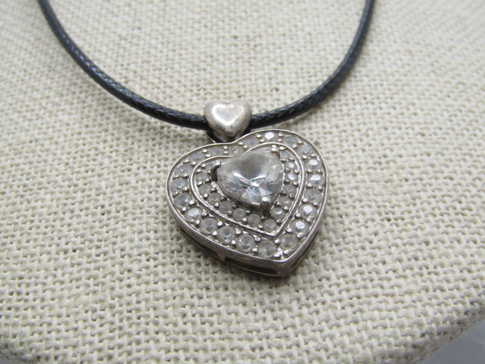 Vintage Sterling Heart Moissanite Necklcae, 20" Black Cord Chain, Signed CW - 2