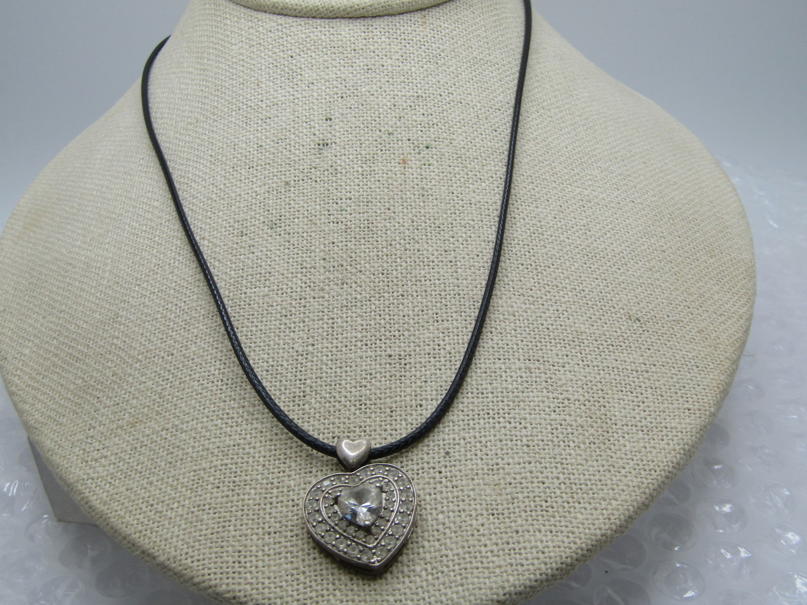 Vintage Sterling Heart Moissanite Necklcae, 20" Black Cord Chain, Signed CW - 3