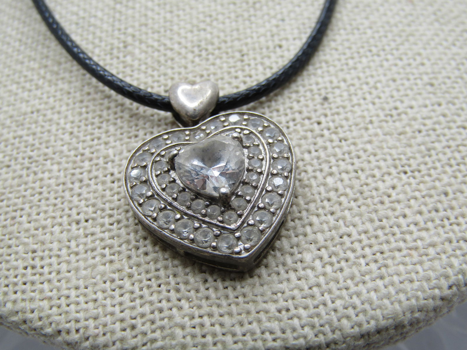 Vintage Sterling Heart Moissanite Necklcae, 20" Black Cord Chain, Signed CW - 4