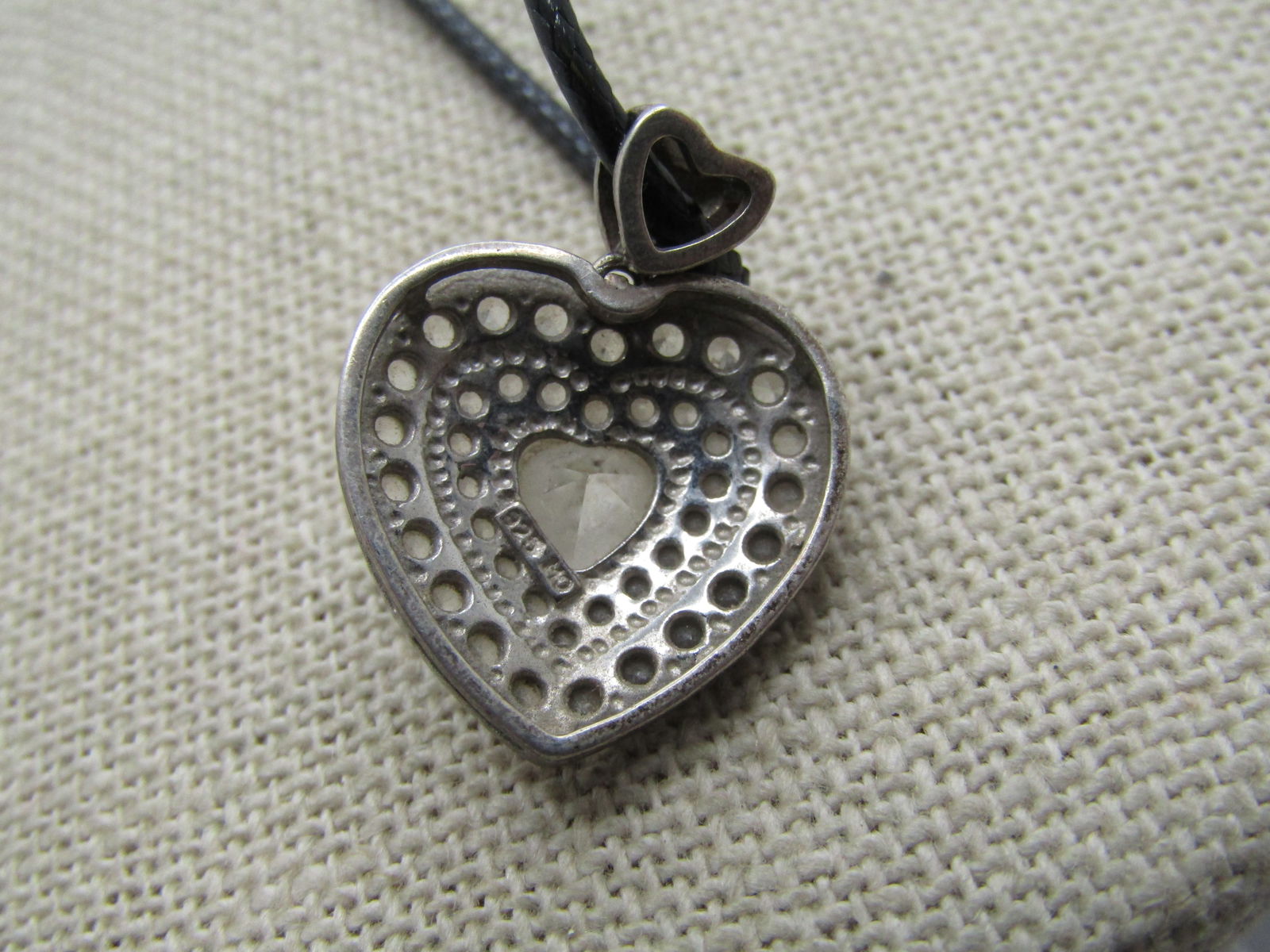 Vintage Sterling Heart Moissanite Necklcae, 20" Black Cord Chain, Signed CW - 5