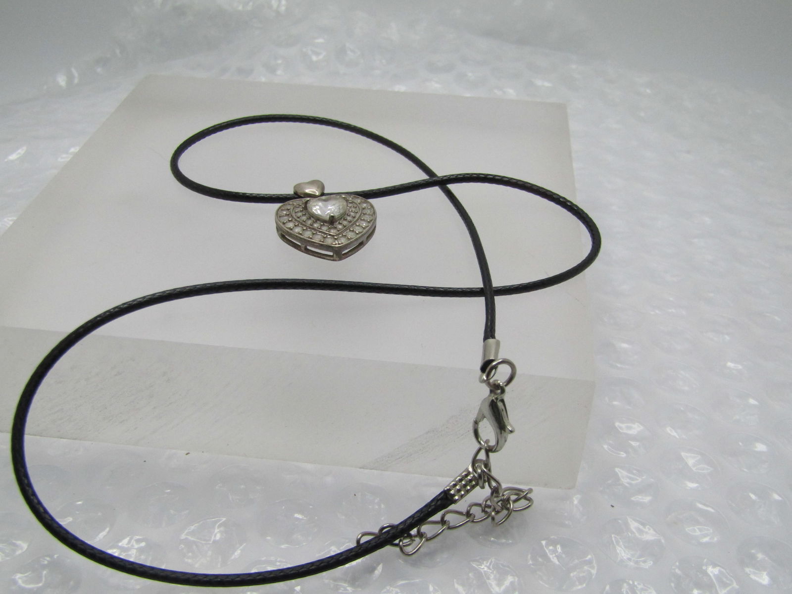 Vintage Sterling Heart Moissanite Necklcae, 20" Black Cord Chain, Signed CW - 6