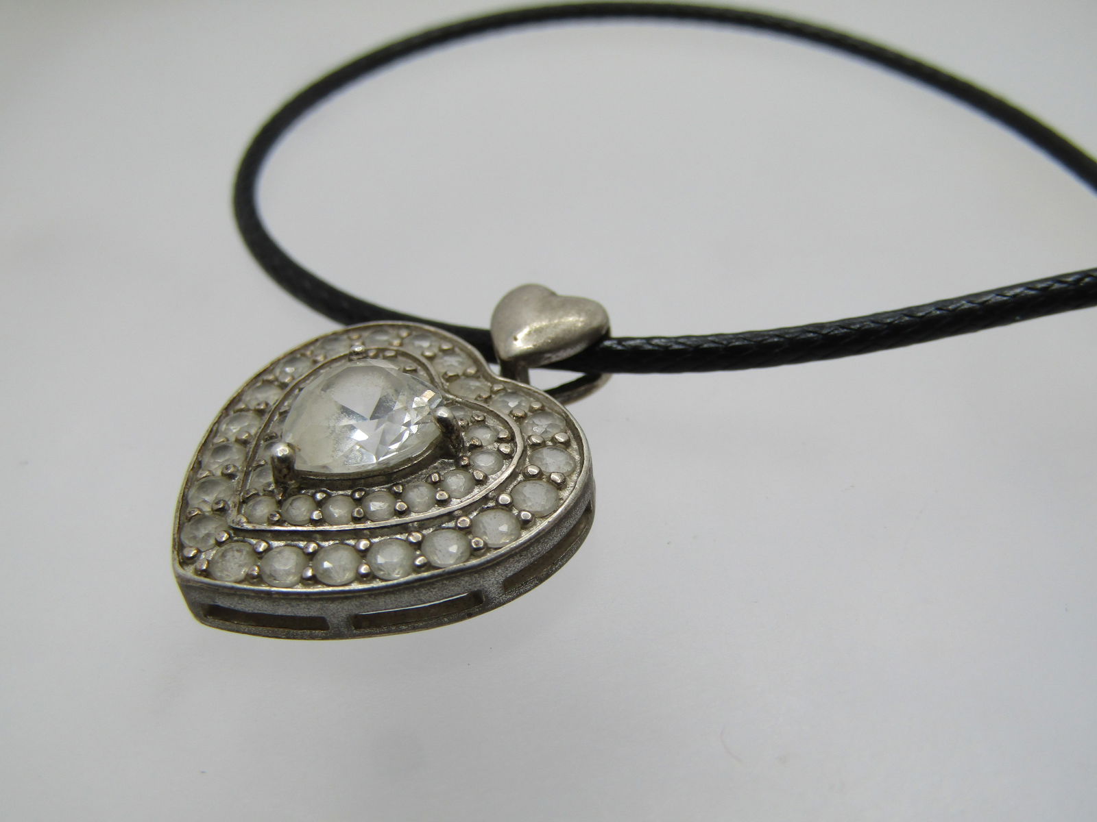 Vintage Sterling Heart Moissanite Necklcae, 20" Black Cord Chain, Signed CW - 7