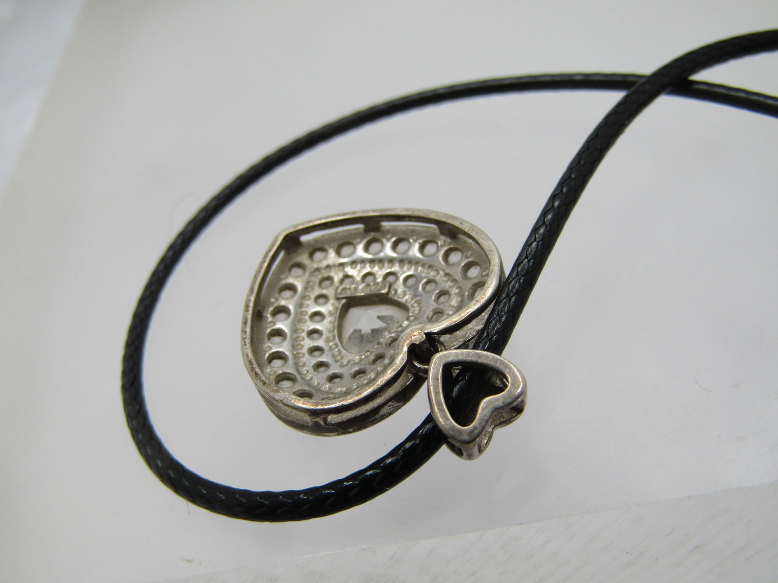 Vintage Sterling Heart Moissanite Necklcae, 20" Black Cord Chain, Signed CW - 8