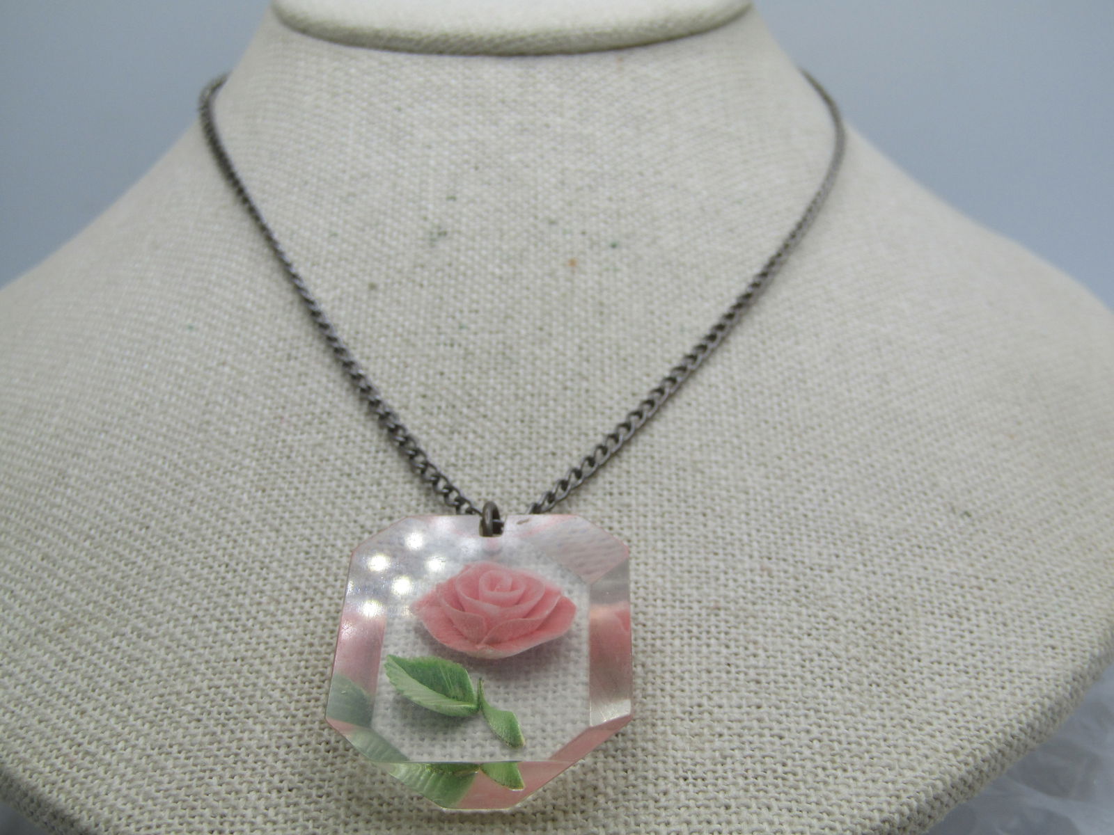 Vintage Reversed Carved Pink Rose Necklace, 16", 1940's - 2