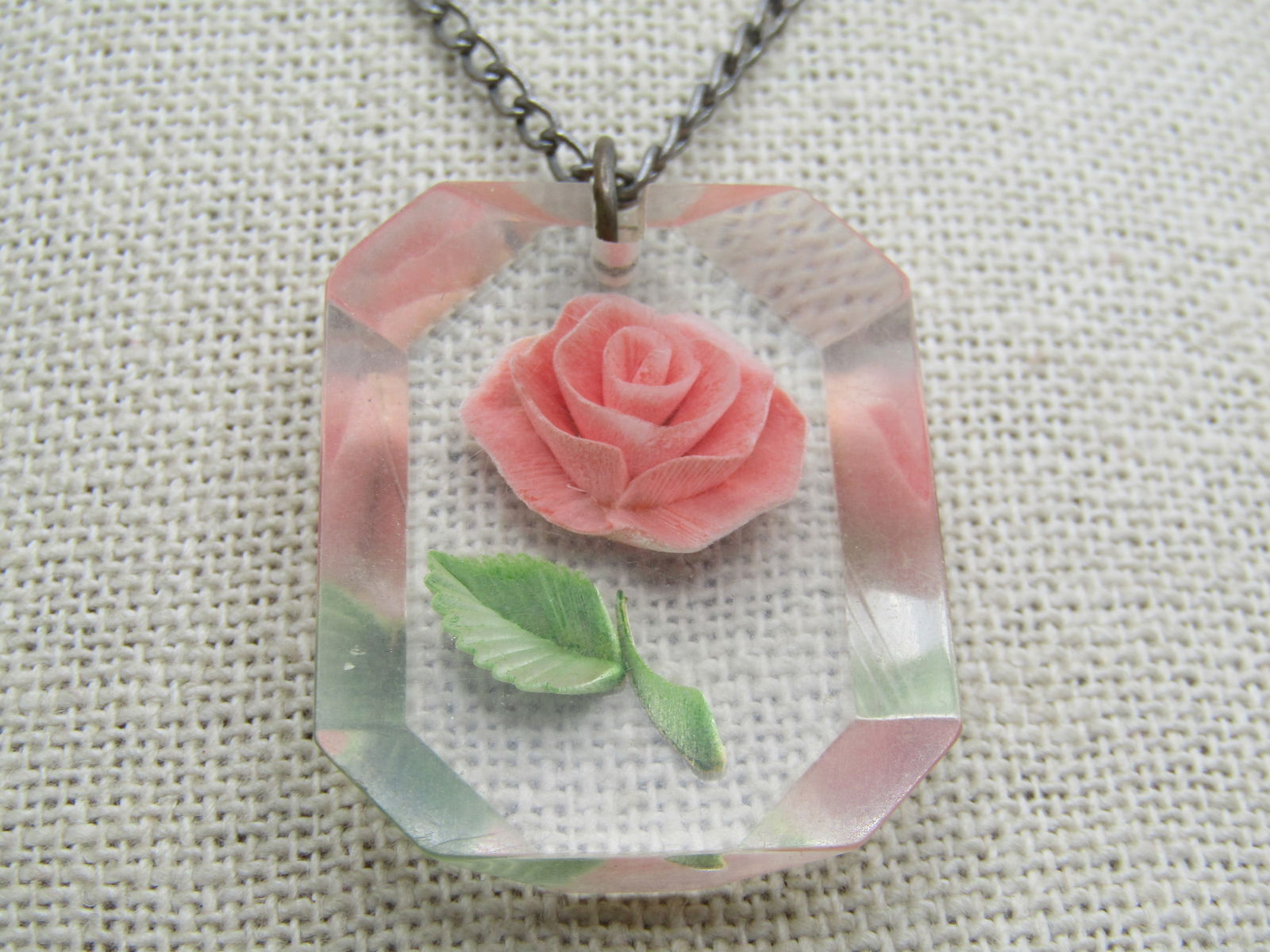 Vintage Reversed Carved Pink Rose Necklace, 16", 1940's - 3